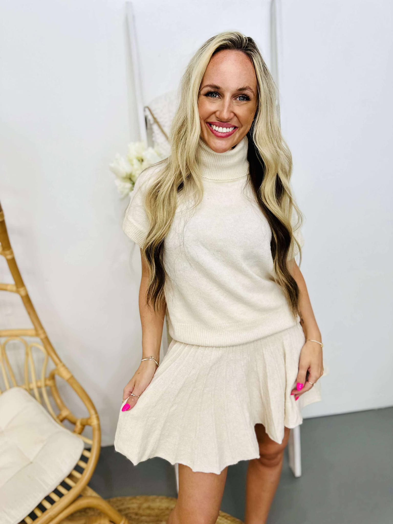 Turtleneck Top And Pleated Skirt Set