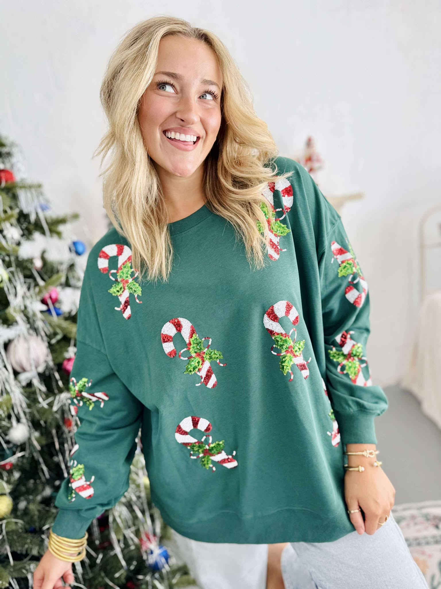 Sequin Candy Cane Green Pullover