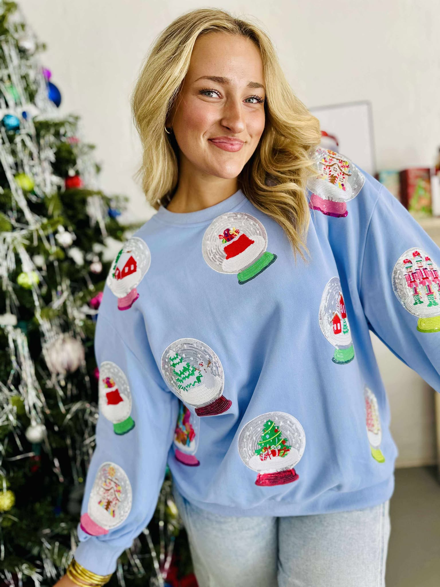 Queen Of Sparkles Powder Blue Christmas Snow Globe Sweatshirt