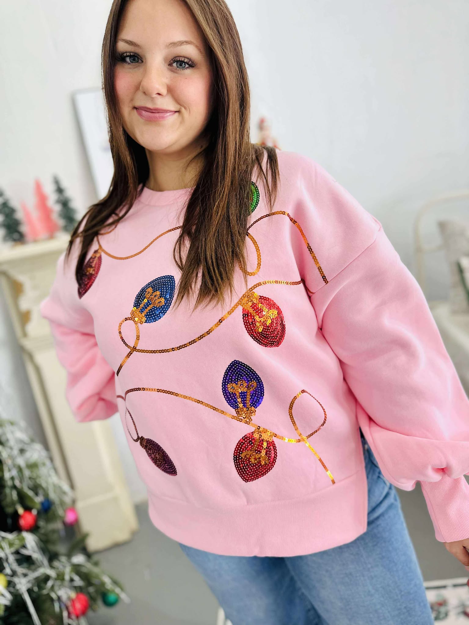 Sequin Christmas Lights Pink Sweatshirt