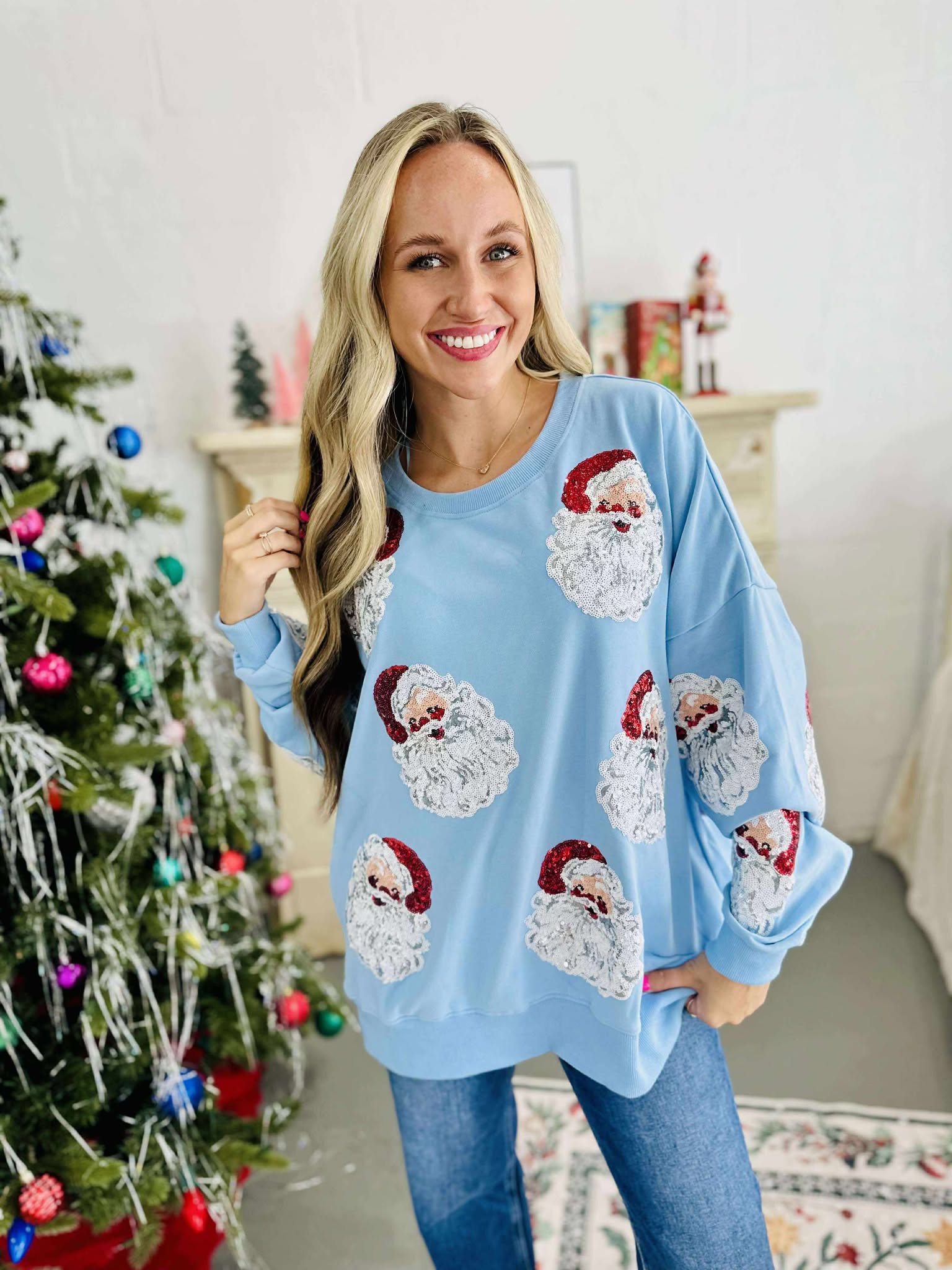 Blue Santa Sequin Pullover