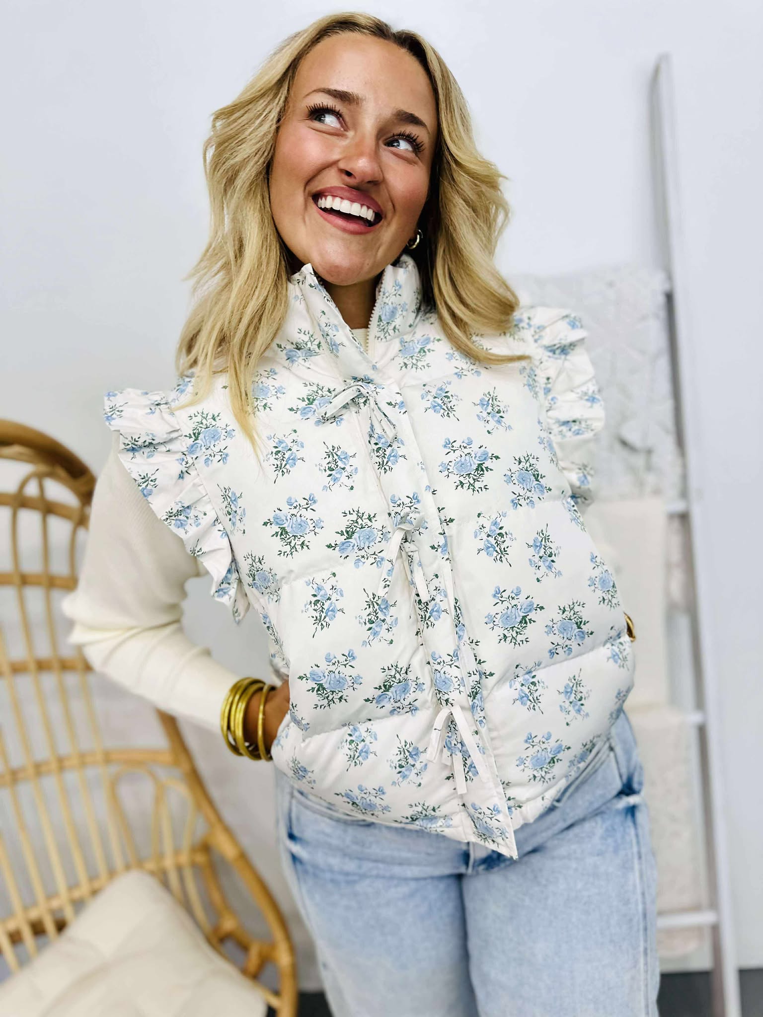 Floral Front Bow Ruffle Sleeve Puffer Vest