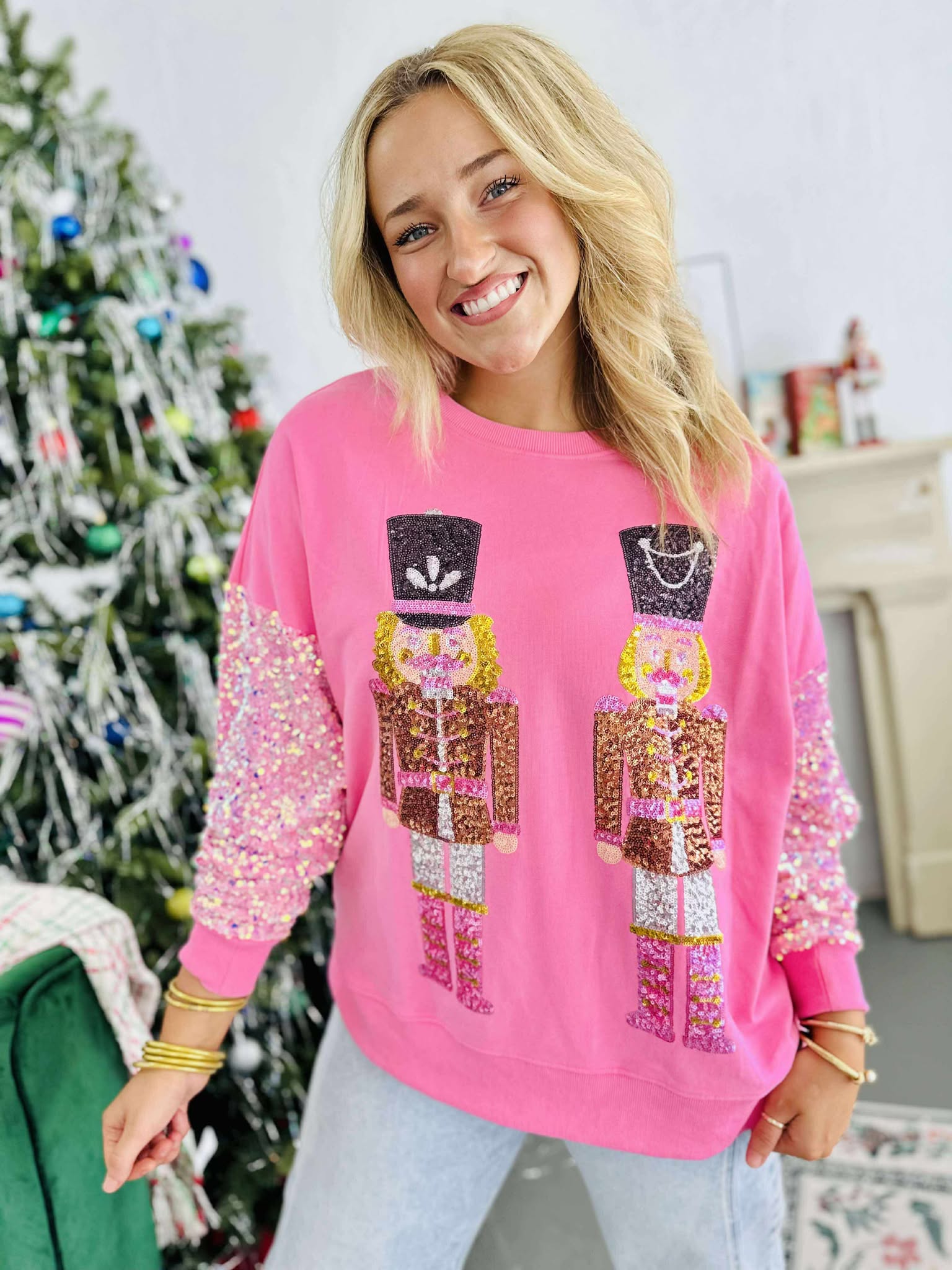 Pink Sequin Sleeve Nutcracker Pullover