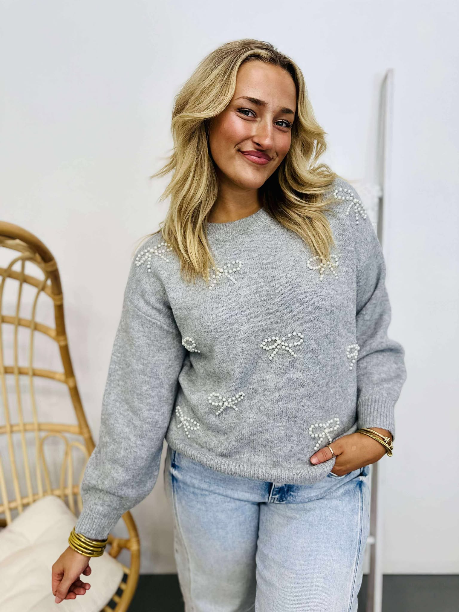 Pearl Beaded Bow Sweater