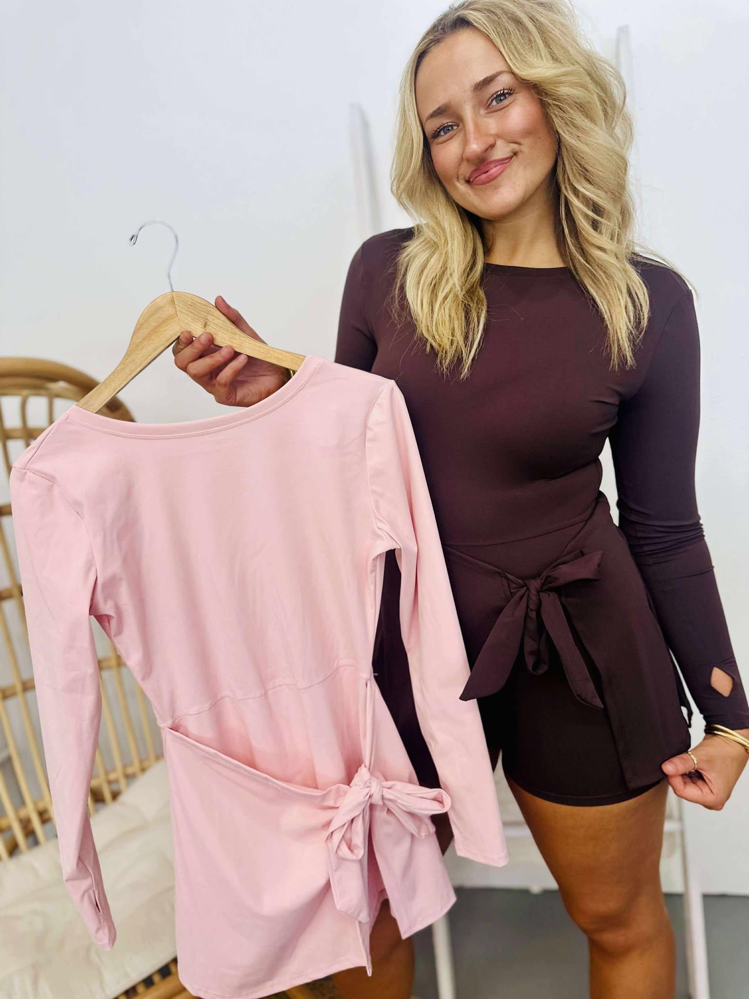 Long Sleeve Wrap Tie Front Dress Large / Light Pink Long Sleeve Wrap Tie Front Dress Large / Light Pink