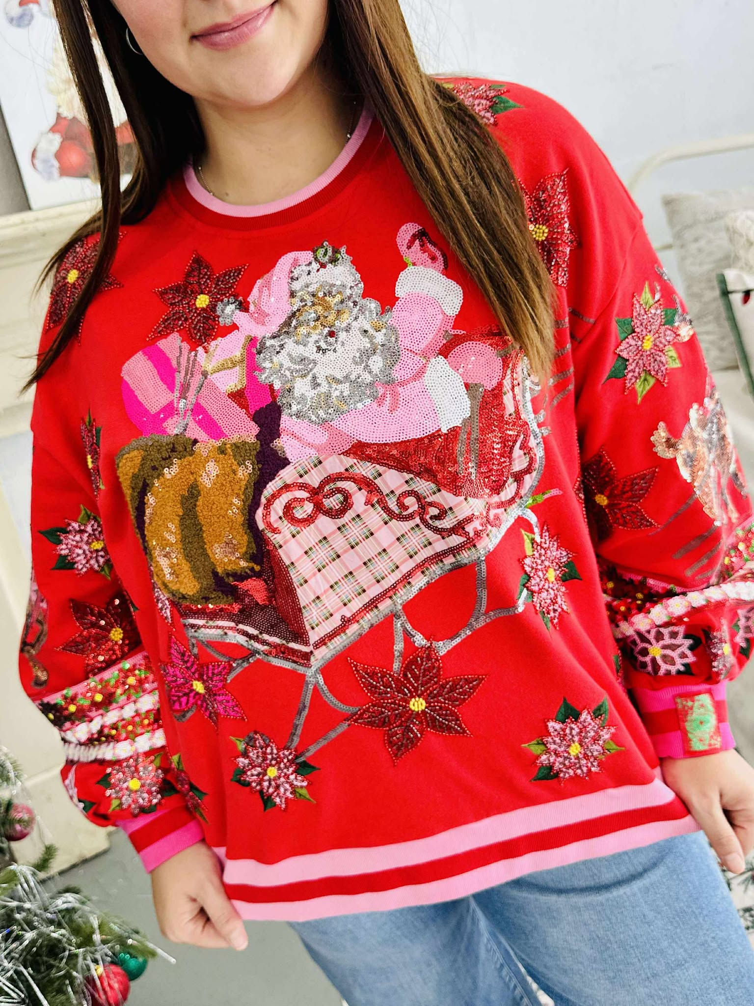 Queen Of Sparkles Red & Pink Vintage Poinsettia Santa Sweatshirt
