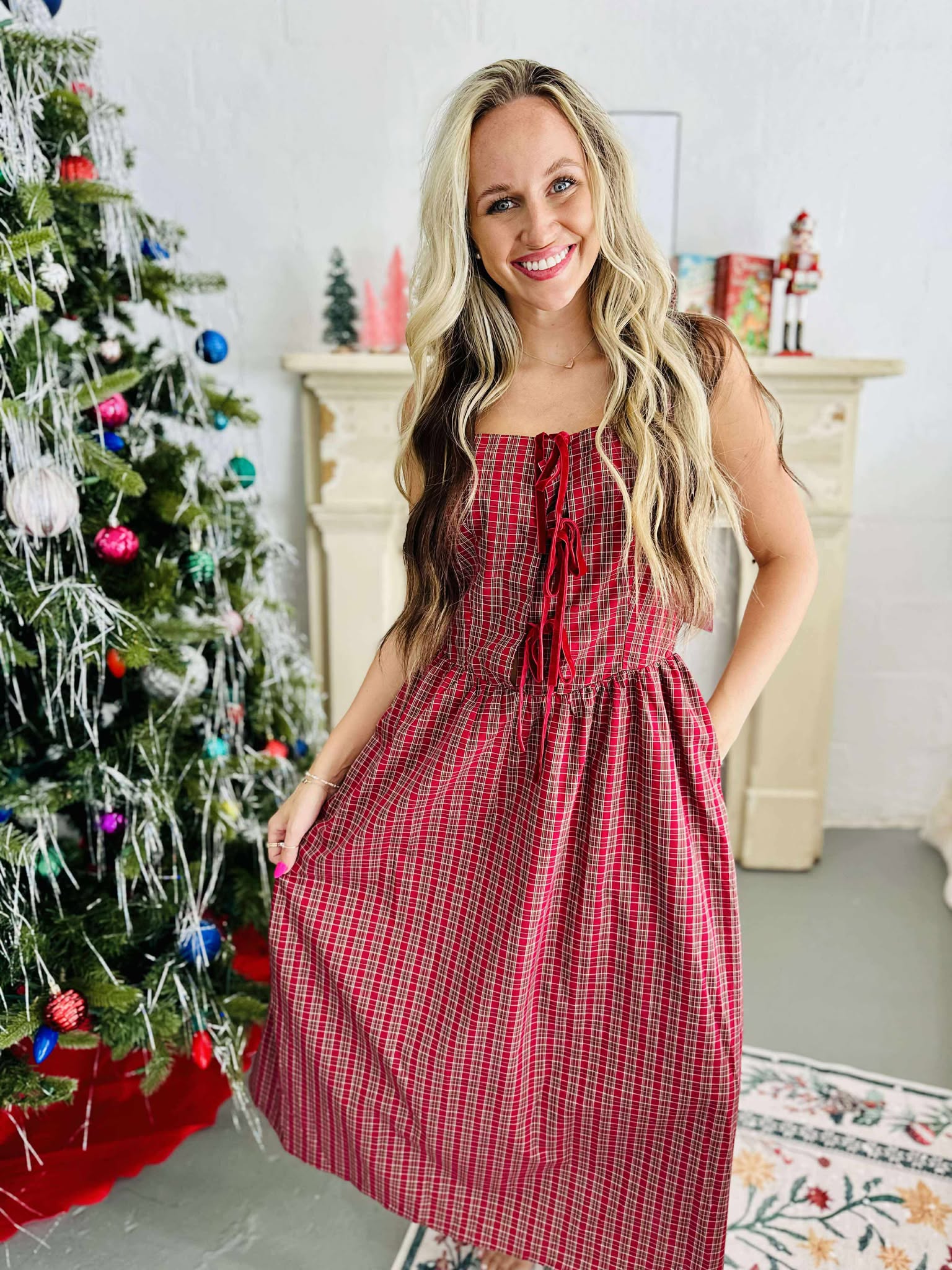 red plaid midi dress Women's Always You Cotton Red Plaid Puff Sleeve Midi Dress | Size: Xl