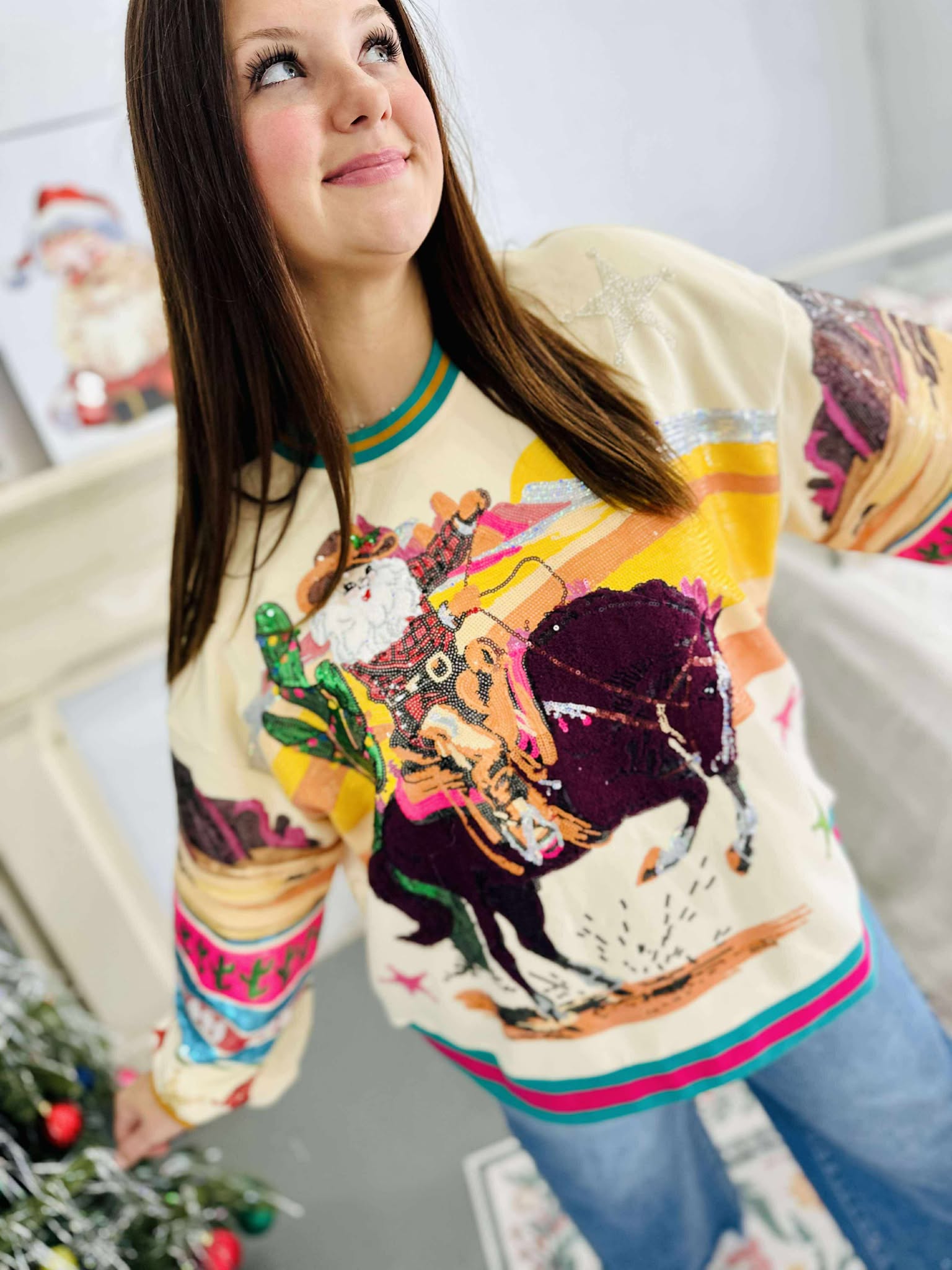 Queen Of Sparkles Multi Vintage Cowboy Santa Sweatshirt