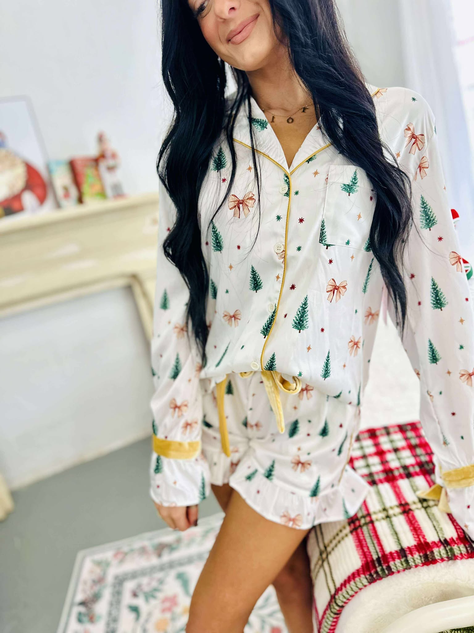 Christmas Tree Bow Satin Pj Set