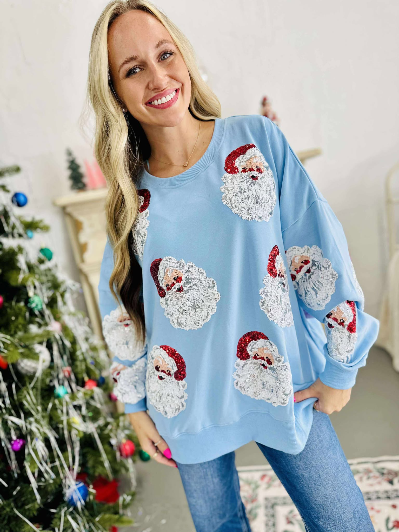 Blue Santa Sequin Pullover