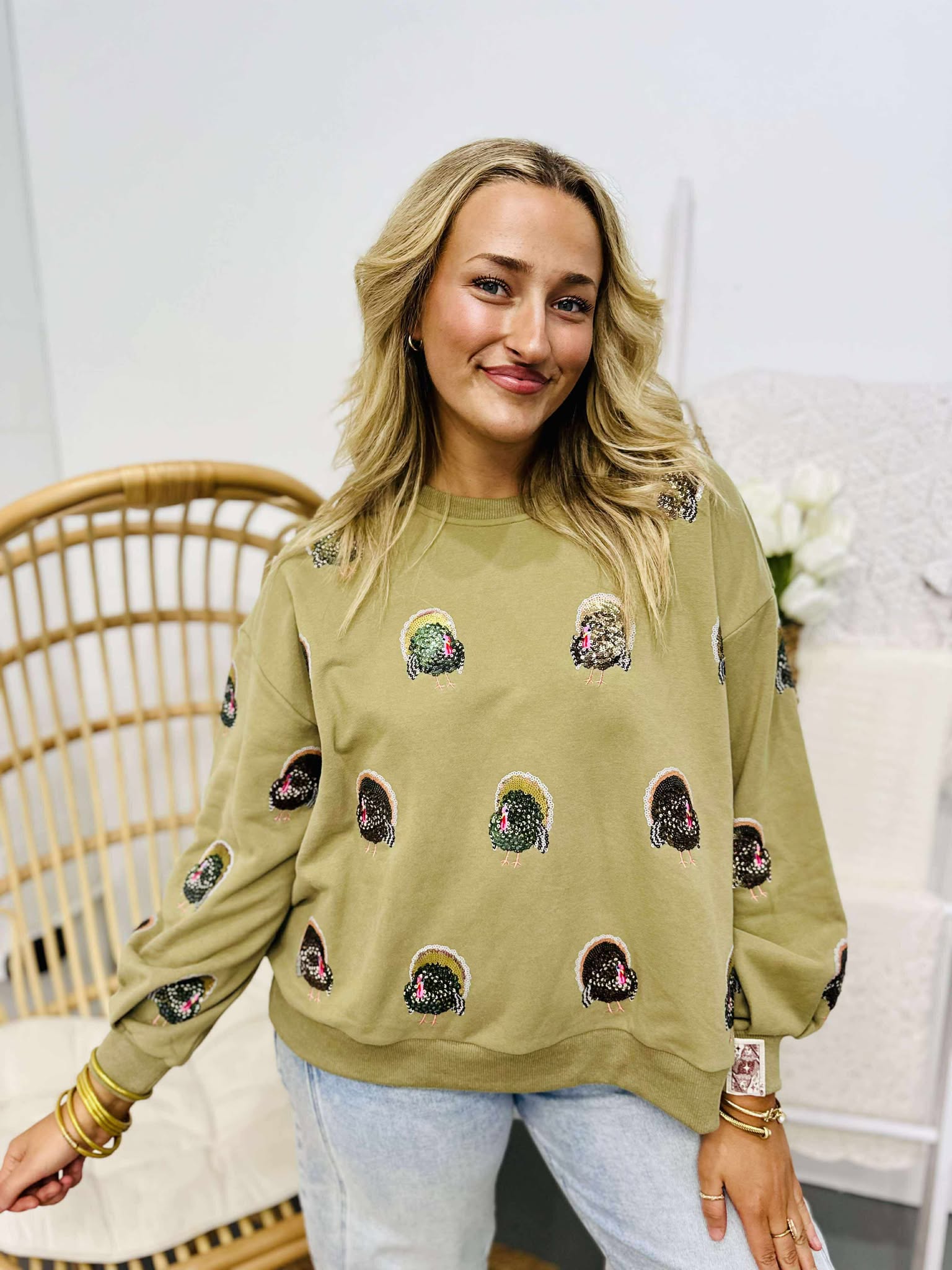 Queen Of Sparkles Olive Green Scattered Turkey Sweatshirt