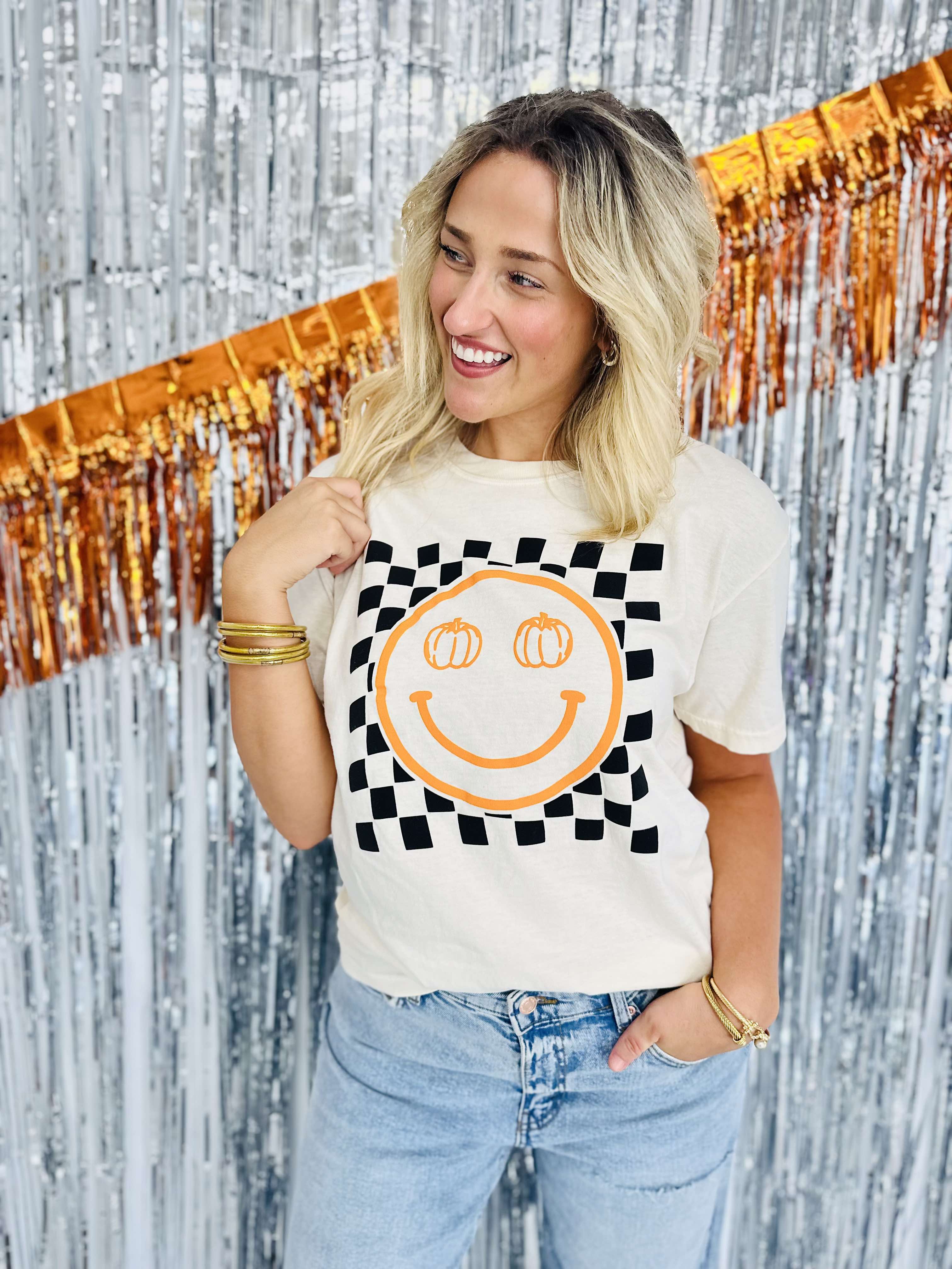 Checkered Pumpkin Happy Face Ivory Graphic Tee
