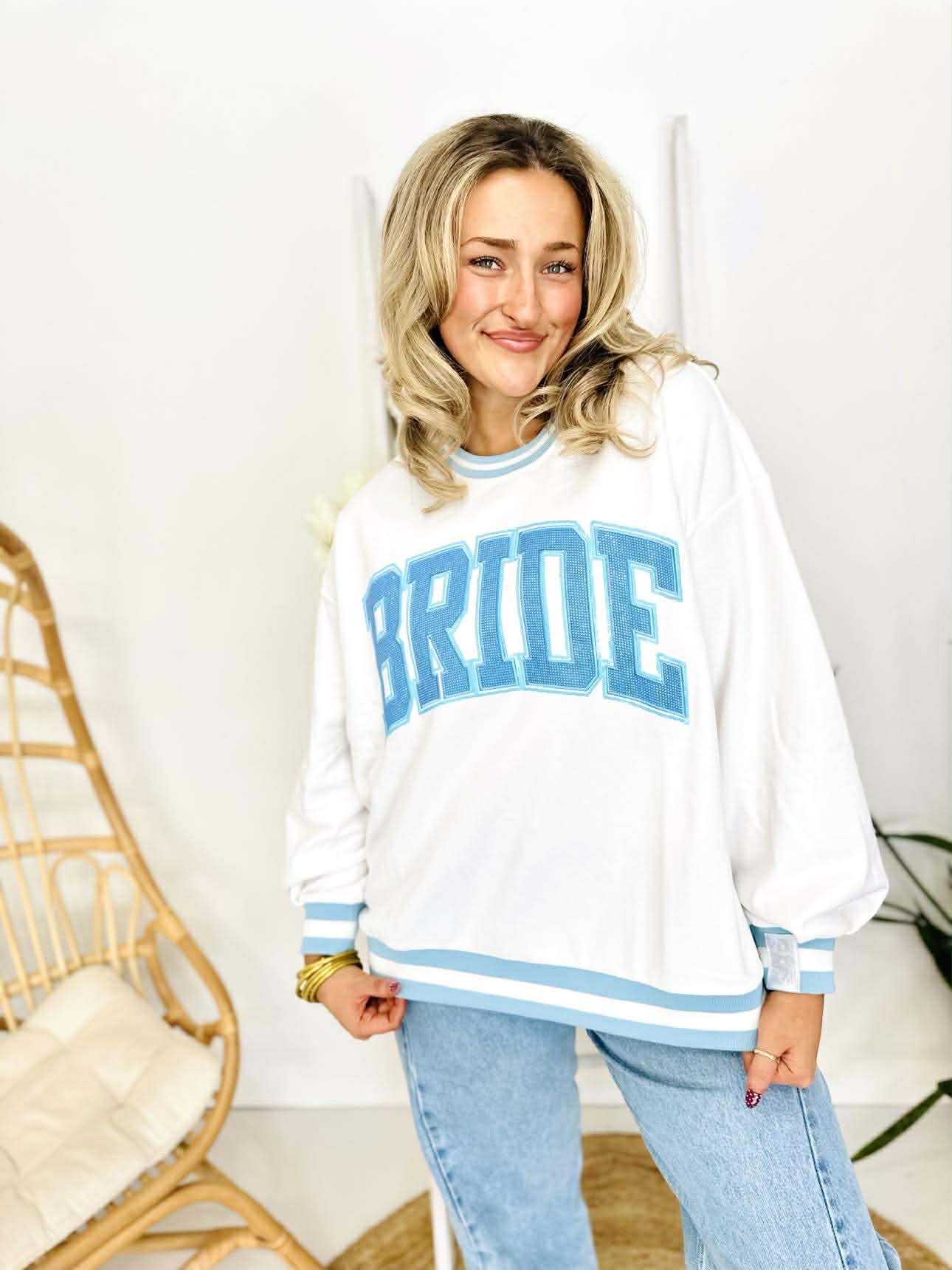 Queen Of Sparkles White & Blue Rhinestone 'Bride' Sweatshirt