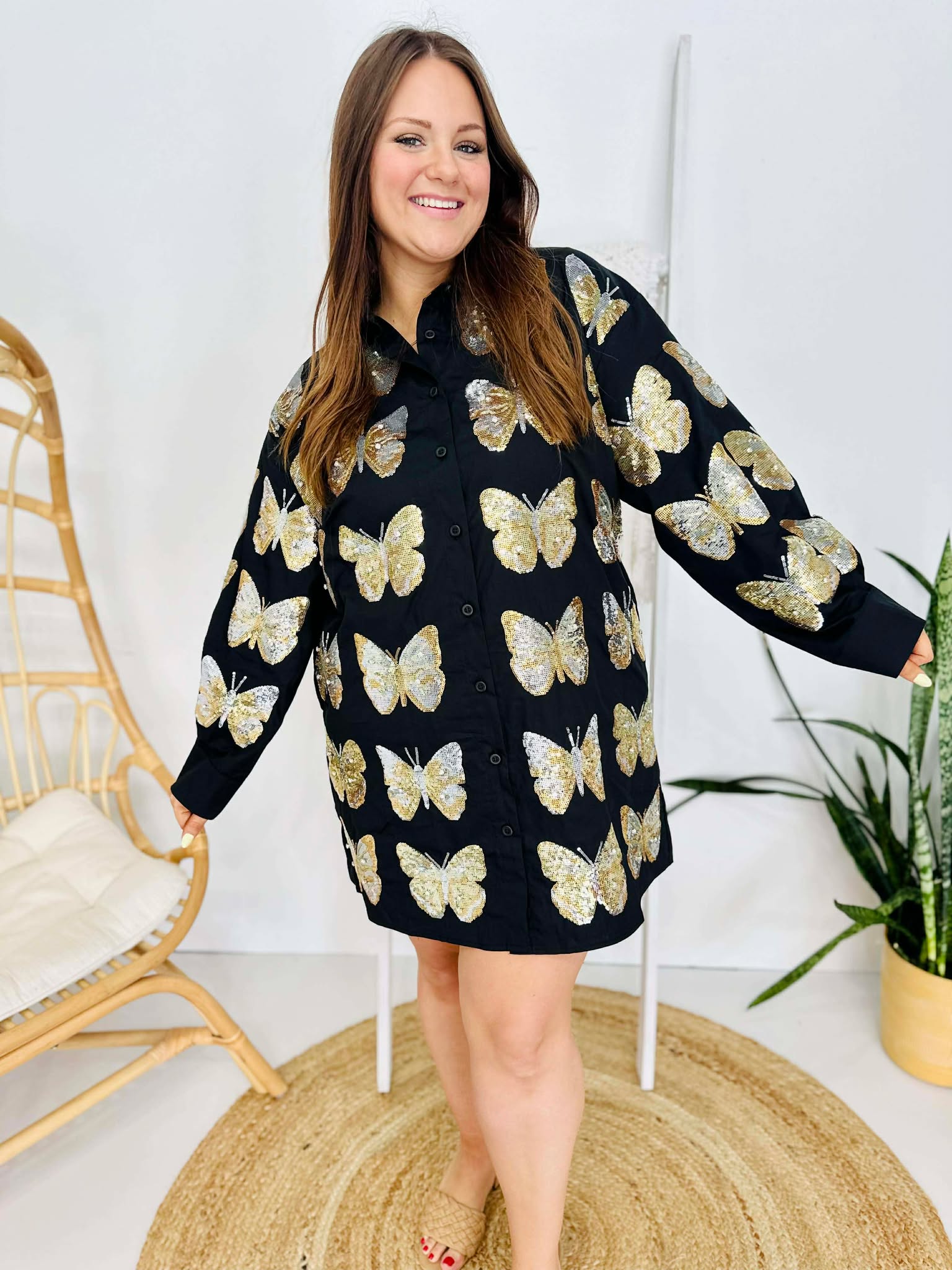 Queen Of Sparkles Black & Gold Sequin Butterfly Cotton Button Up Dress
