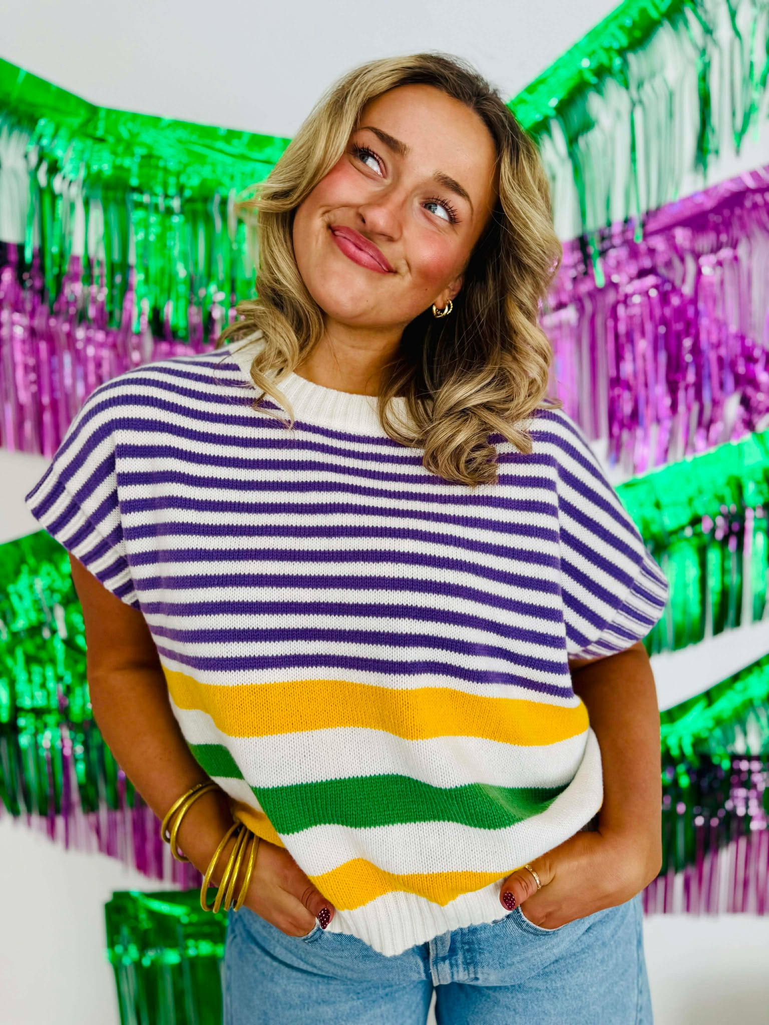 Mardi Gras Stripes Lightweight Sleeveless Knit Top