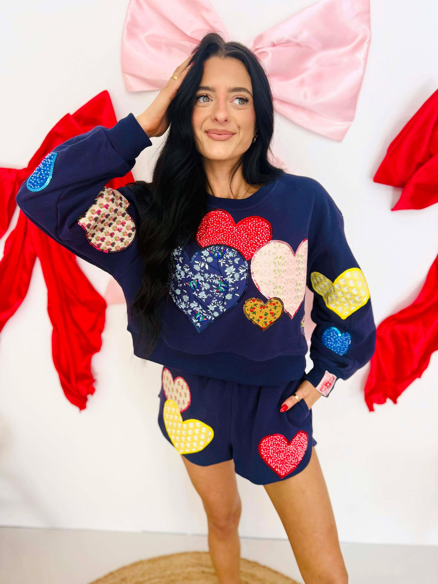 Queen Of Sparkles Navy Multi Embroidered Hearts Sweatshirt