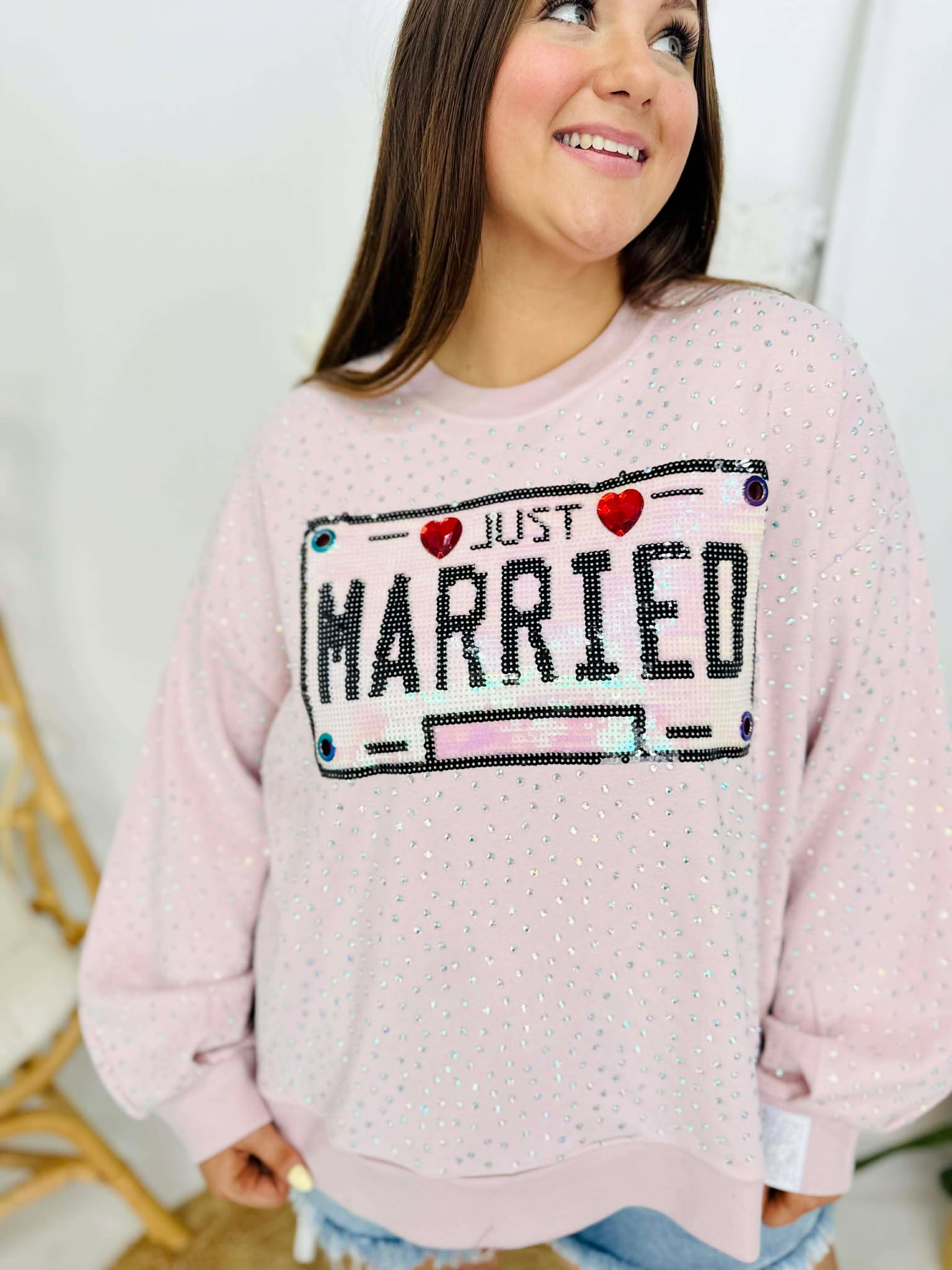 Queen Of Sparkles Pale Pink Rhinestone 'Just Married' Sweatshirt