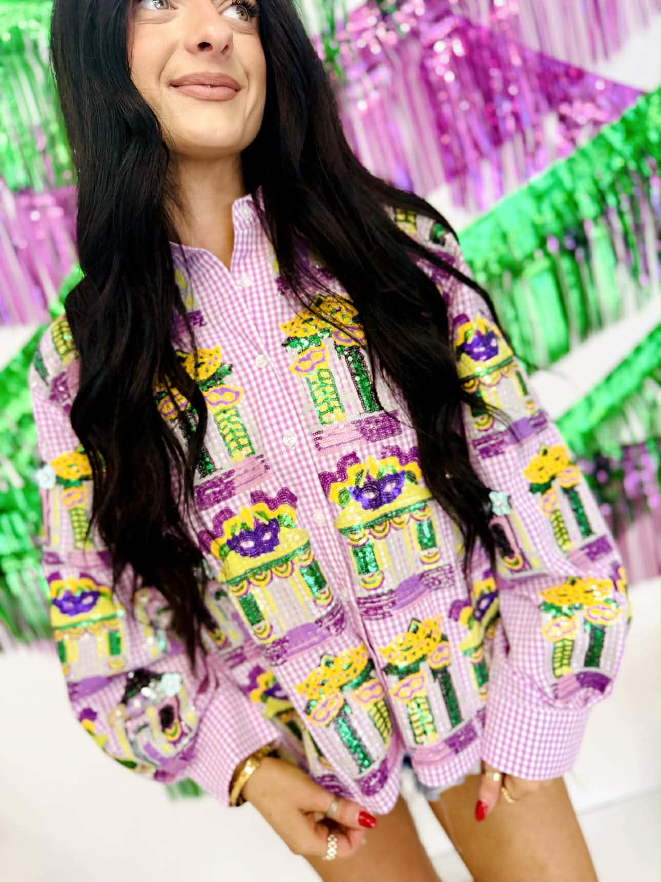 Queen Of Sparkles Purple & White Diamond Mardi Gras Porches Button Up Top