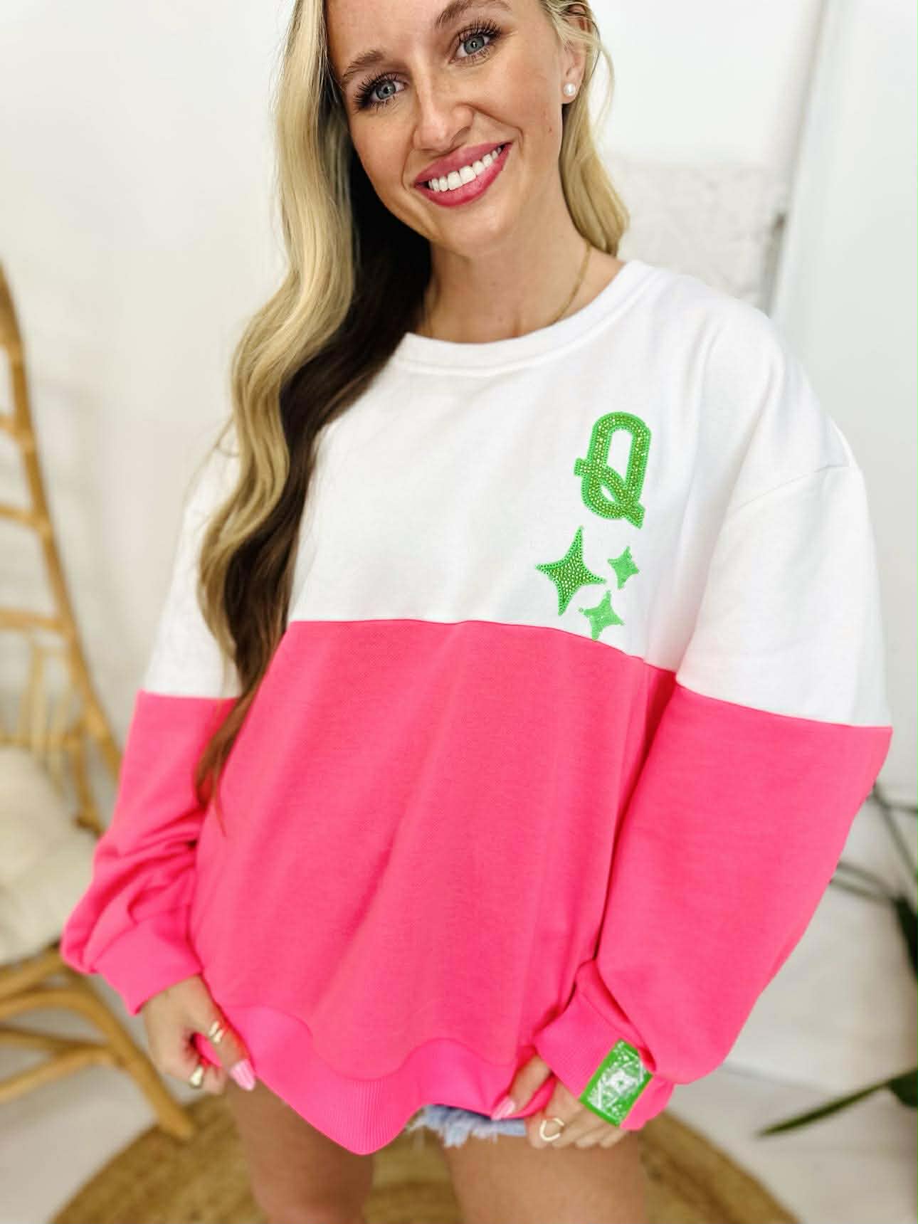 Queen Of Sparkles White & Neon Pink Color Block QOS Logo Sweatshirt