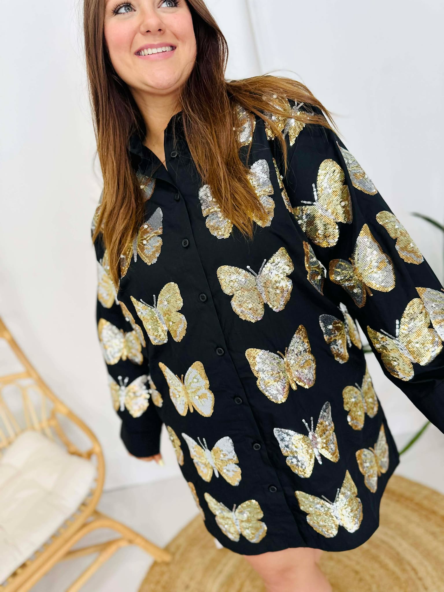 Queen Of Sparkles Black & Gold Sequin Butterfly Cotton Button Up Dress