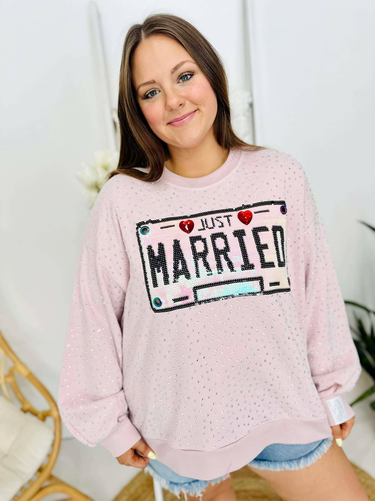 Queen Of Sparkles Pale Pink Rhinestone 'Just Married' Sweatshirt