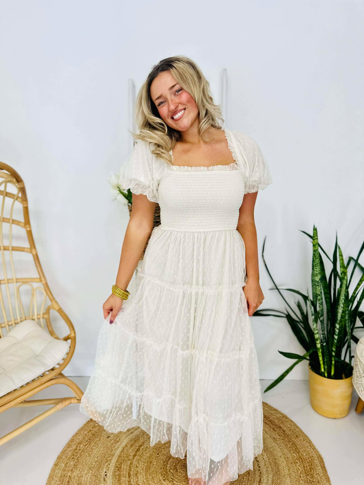 Seeing Dots Puff Sleeve Smocked Tiered Midi Dress