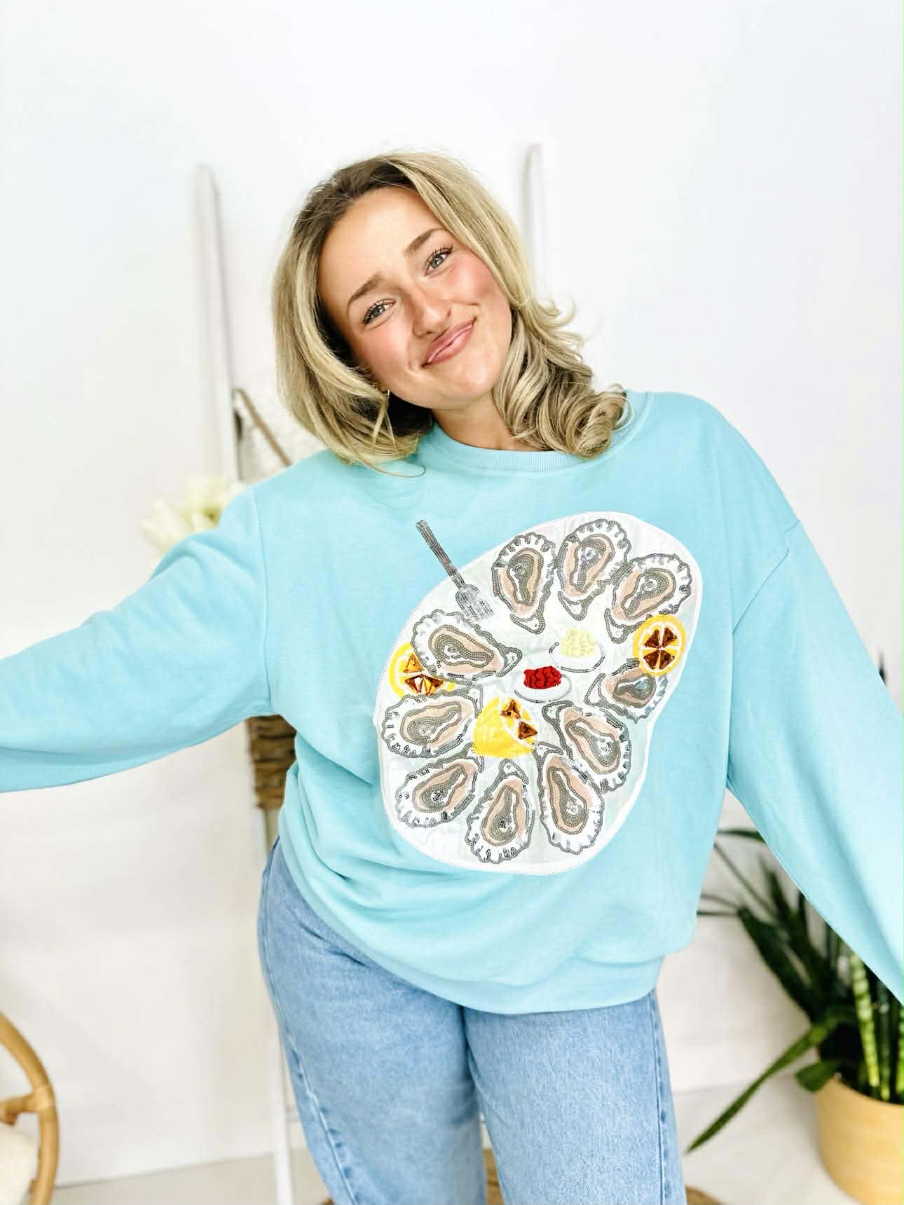 Queen Of Sparkles Mint Blue Oyster Platter Sweatshirt