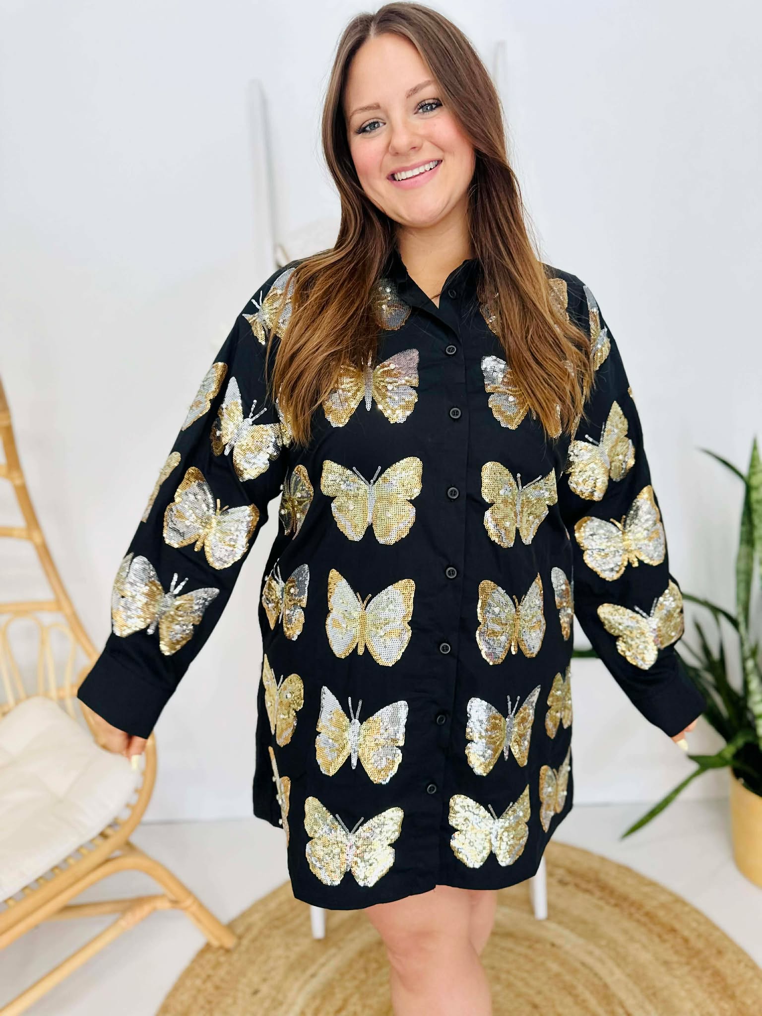 Queen Of Sparkles Black & Gold Sequin Butterfly Cotton Button Up Dress