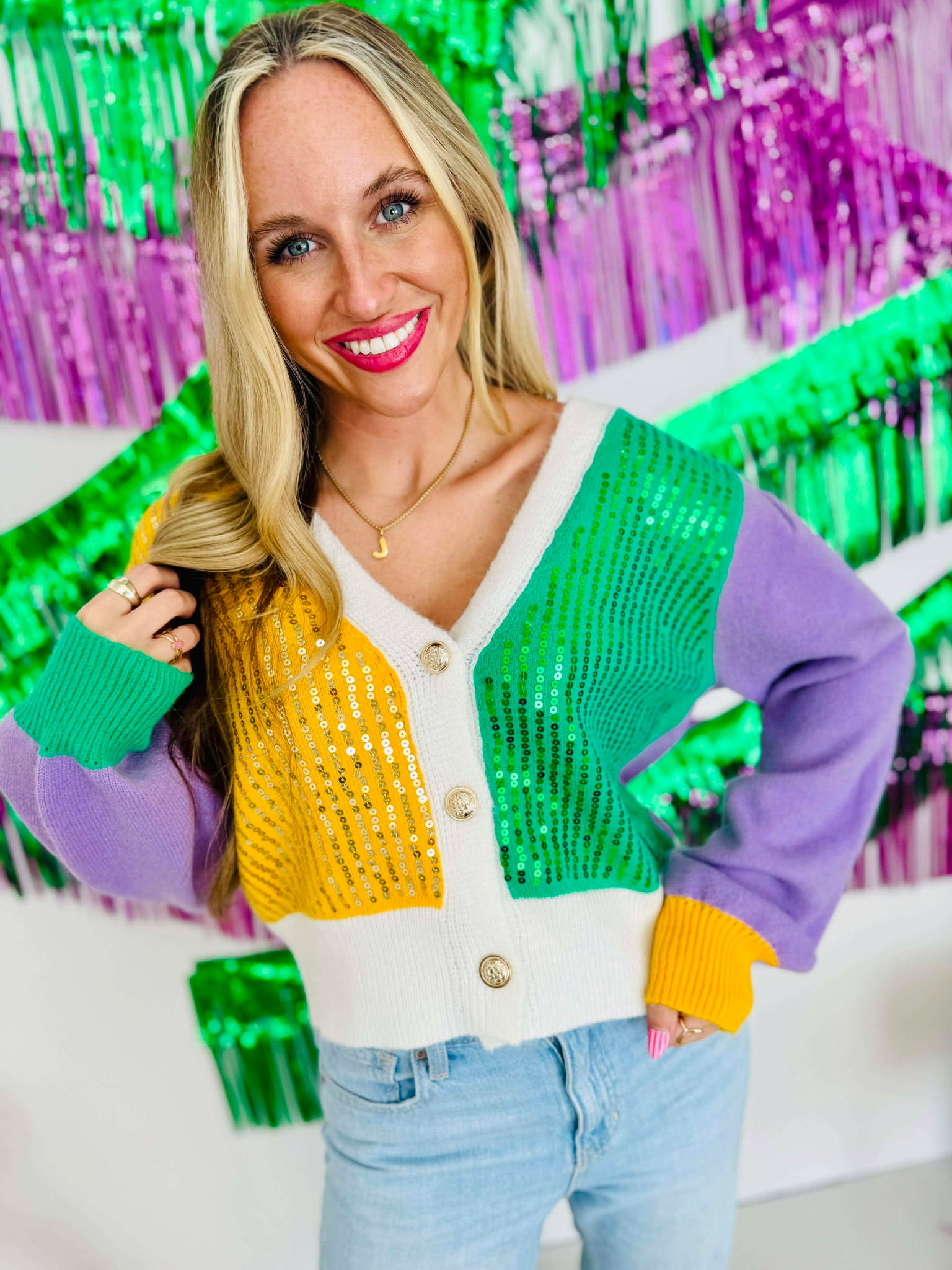 Mardi Gras Color Block Sequin Sweater Cardigan