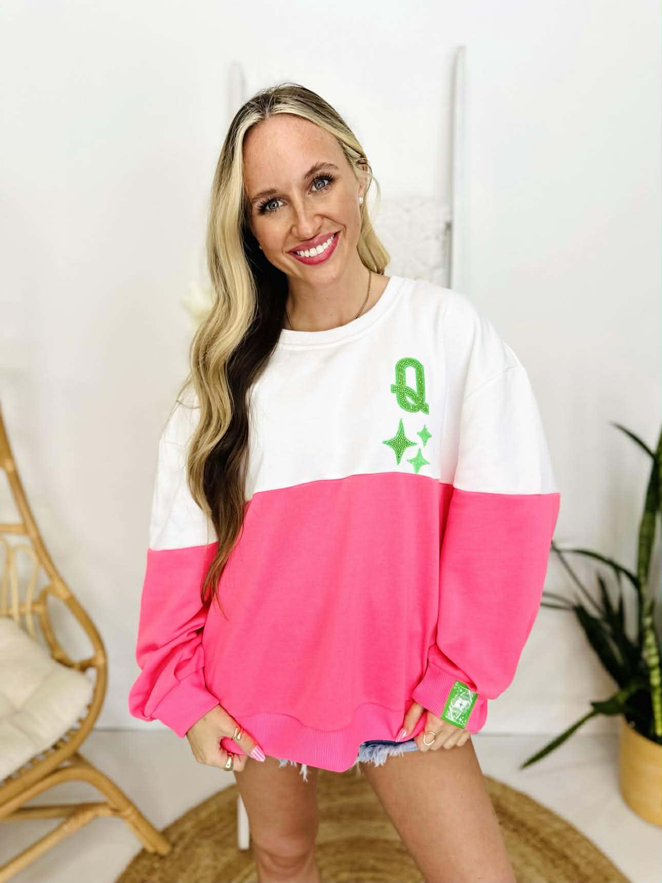 Queen Of Sparkles White & Neon Pink Color Block QOS Logo Sweatshirt