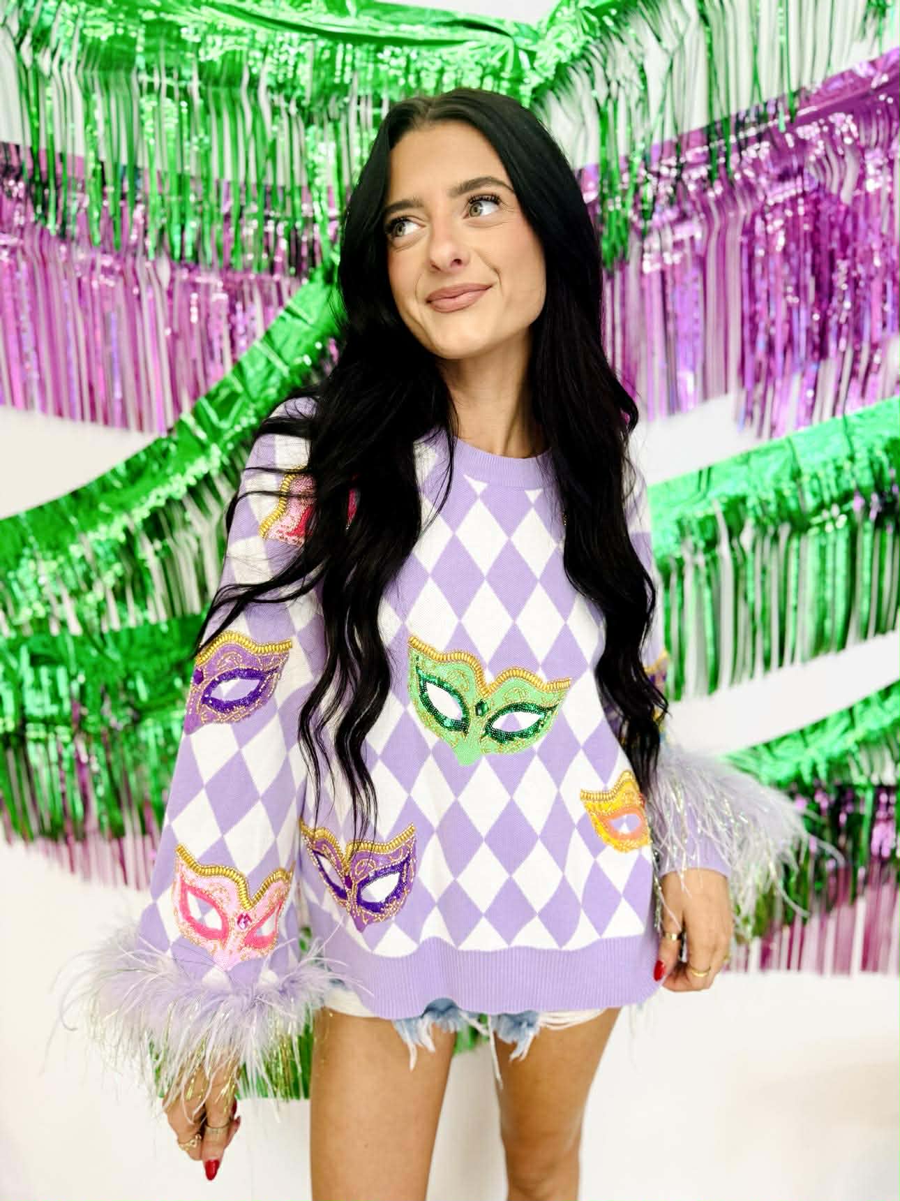 Queen Of Sparkles Lavender & White Diamond Print Multi Mask Feather Sleeve Sweater