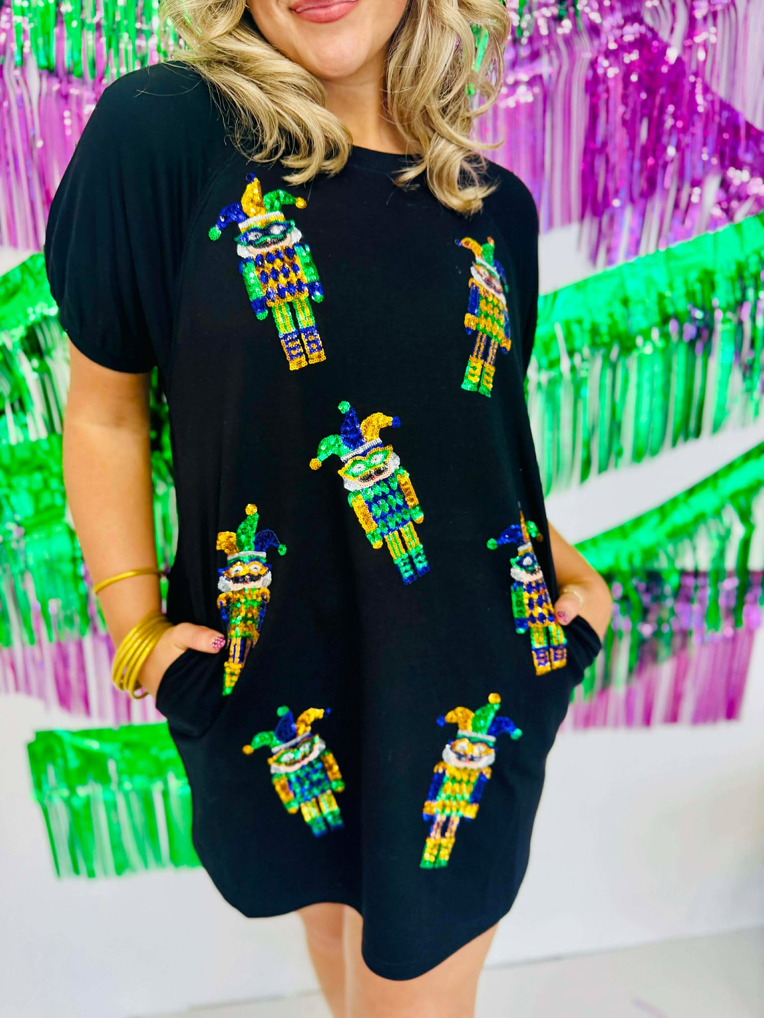 Mardi Gras Sequin Puff Sleeve Dress