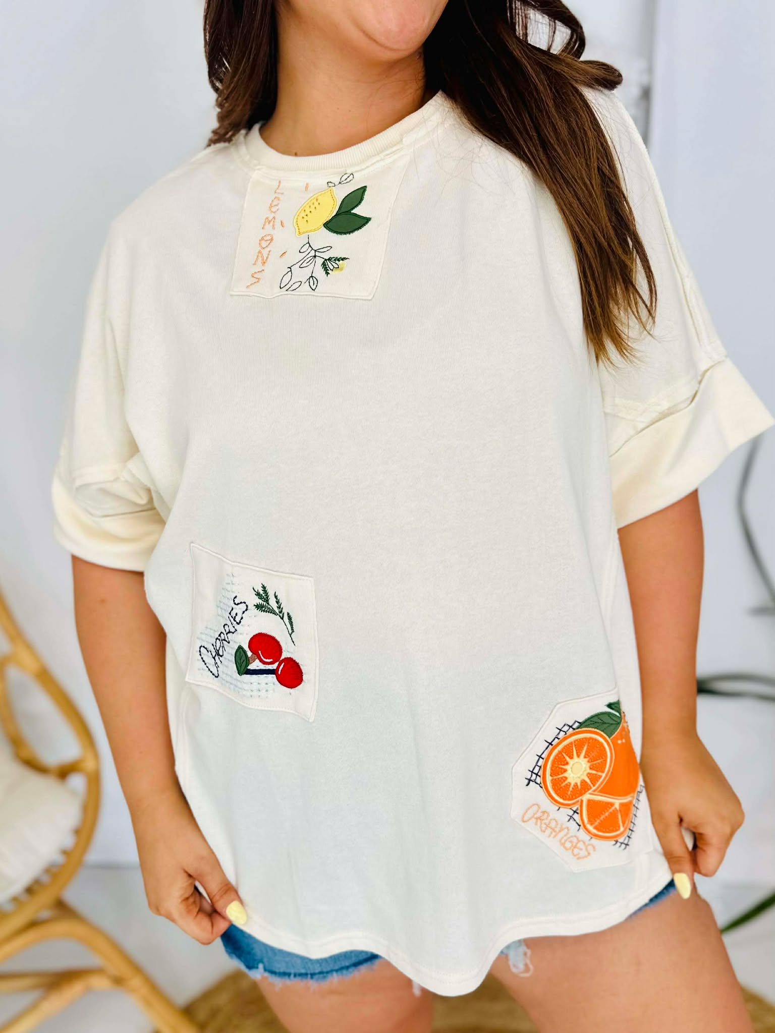 Fruit Embroidered Terry Knit Top