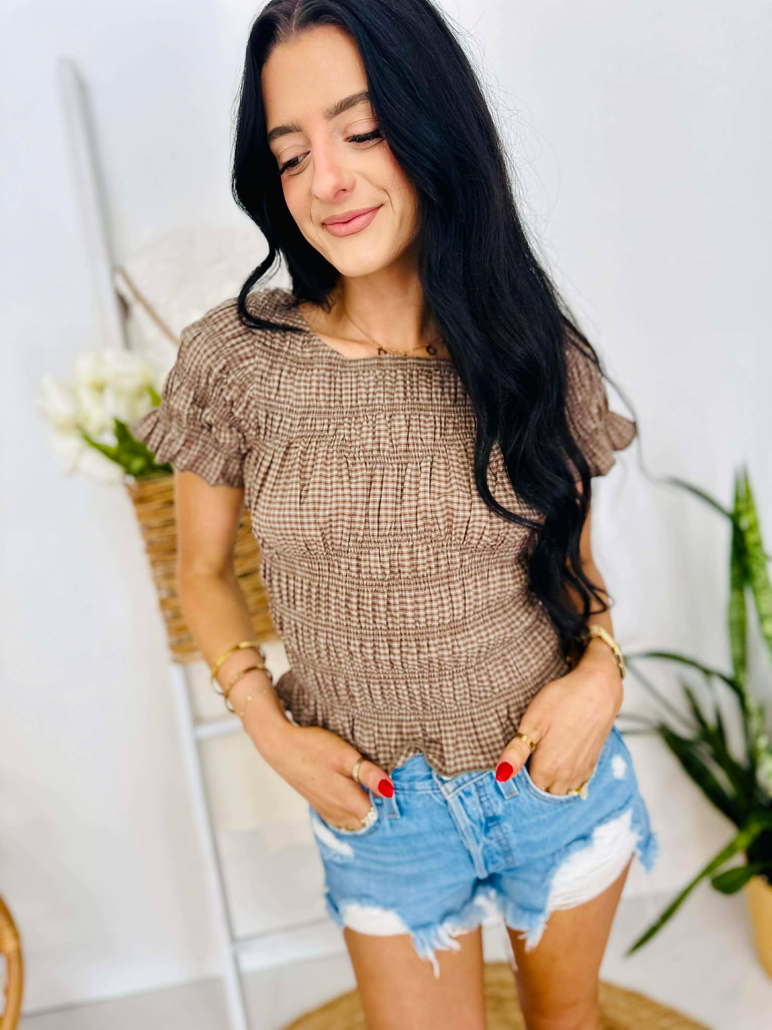 Plaid Smocked Short Sleeve Top