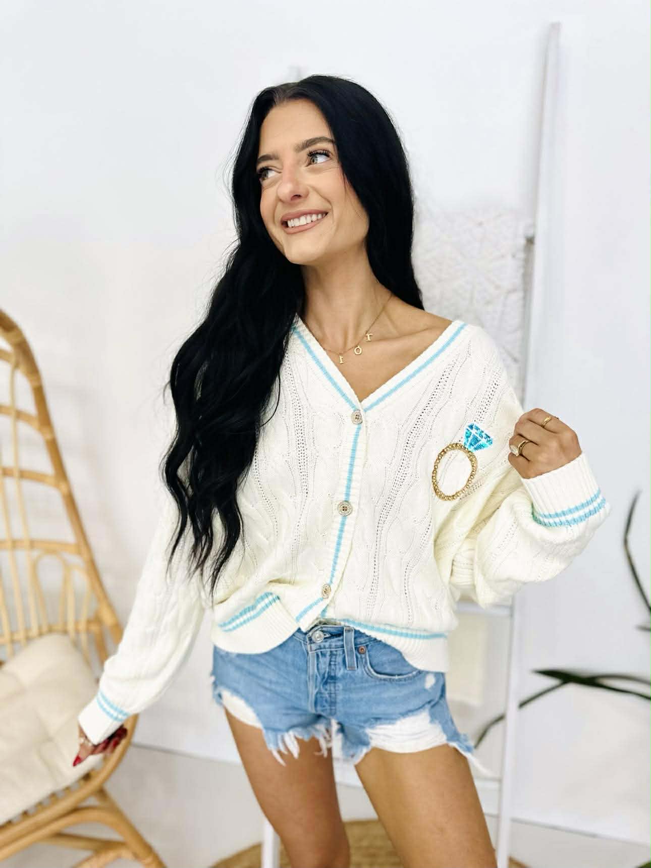 Queen Of Sparkles White & Blue 'In My Bride Era' Sequin & Pearl Button Up Cardigan