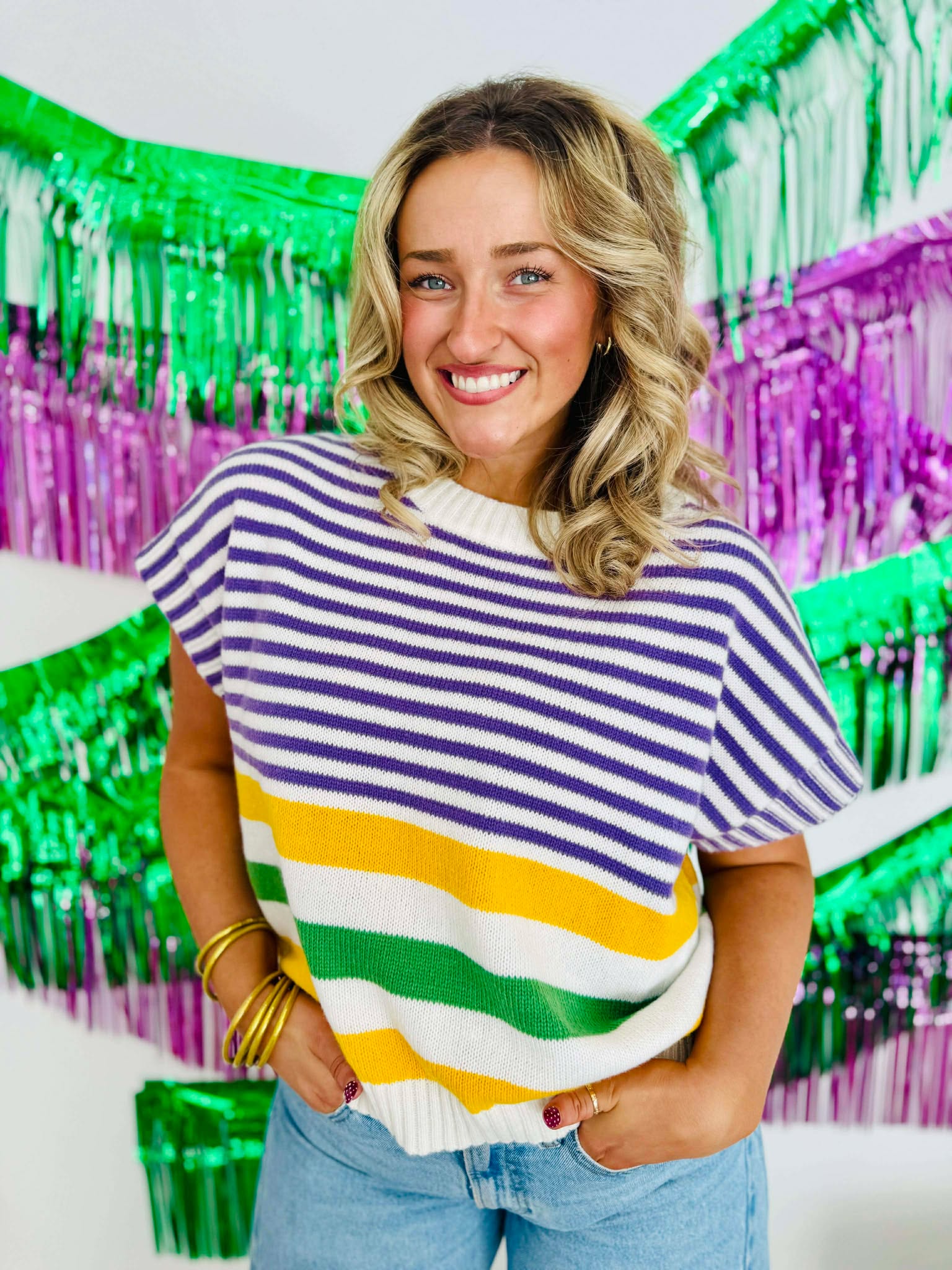 Mardi Gras Stripes Lightweight Sleeveless Knit Top