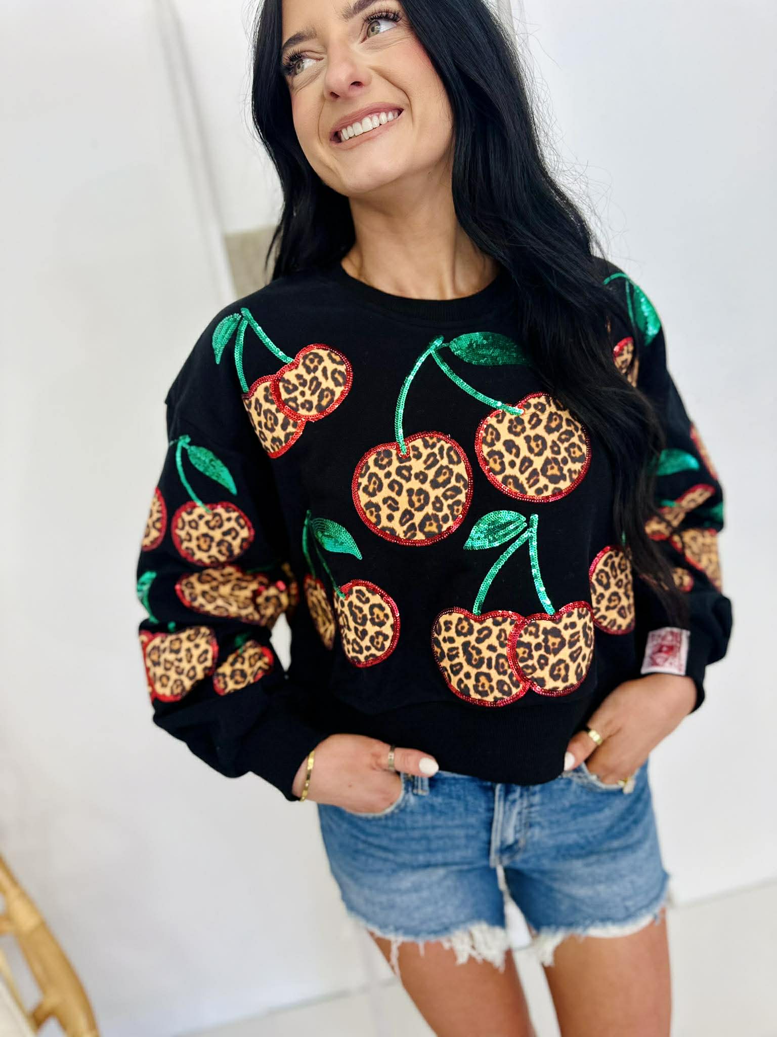 Queen Of Sparkles Black Leopard Cherry Sweatshirt