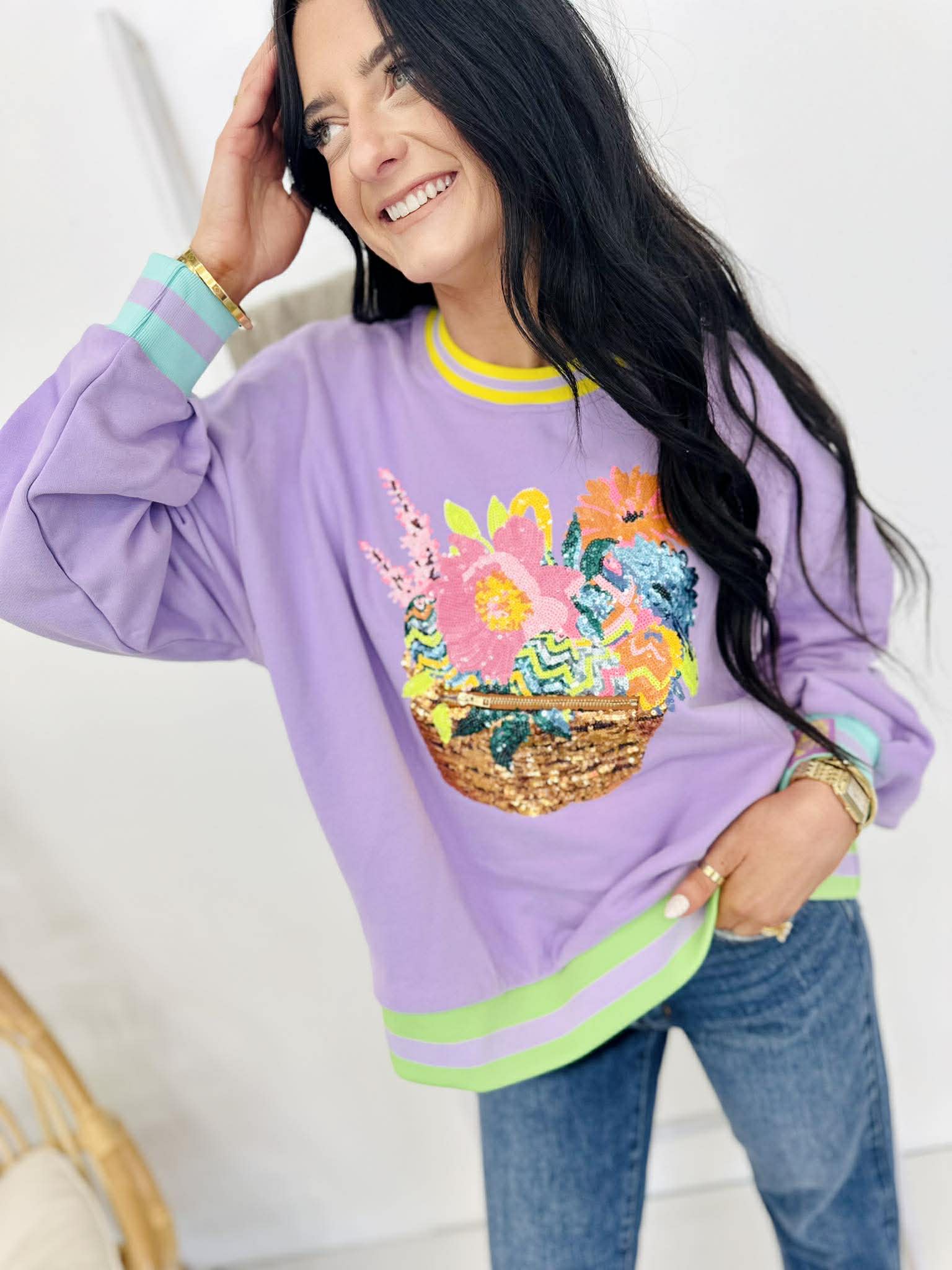 Queen Of Sparkles Lavender Easter Egg & Flower Basket Sweatshirt