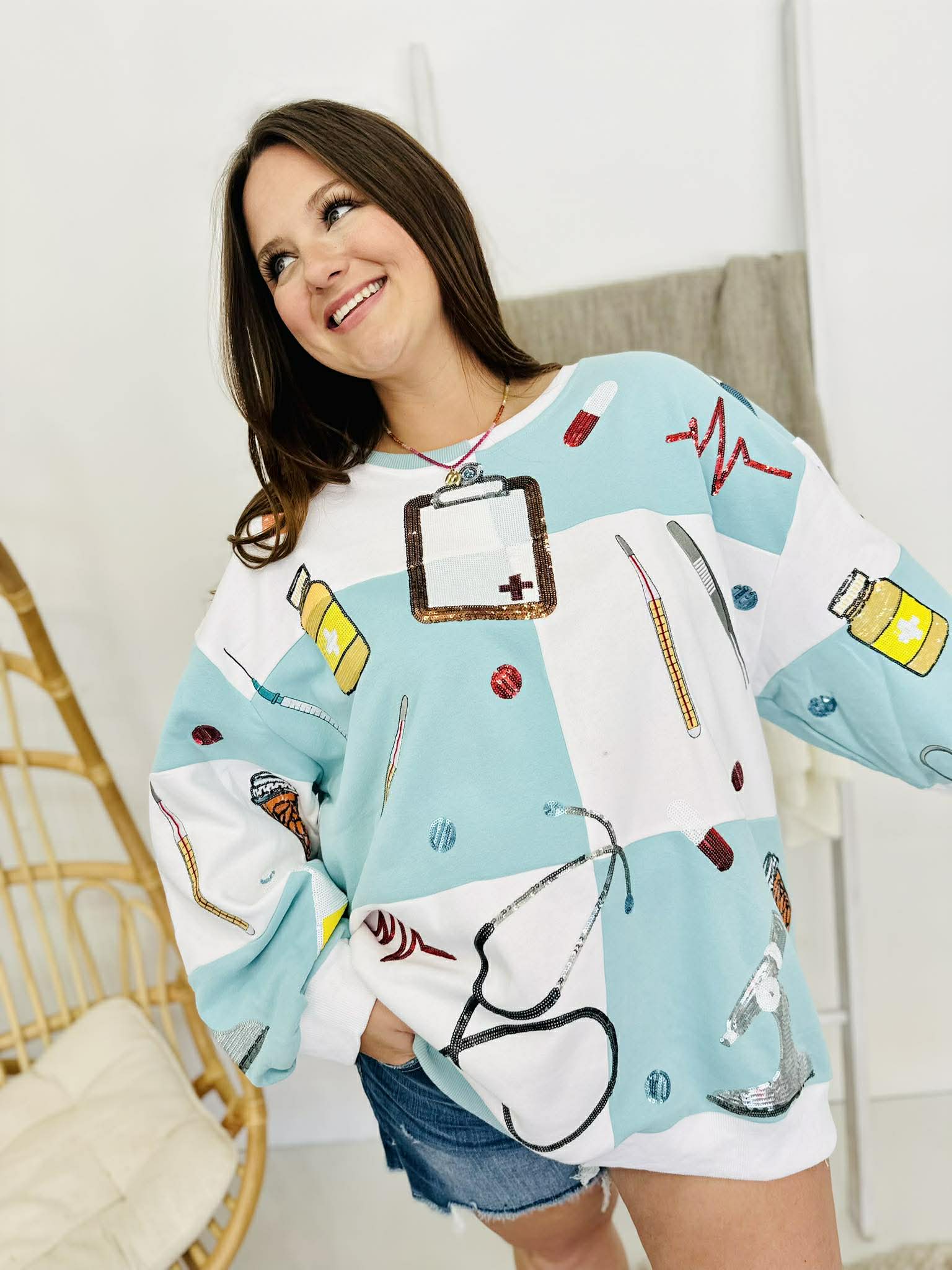 Queen Of Sparkles Light Blue & White Checkered Medical Instrument Icon Sweatshirt
