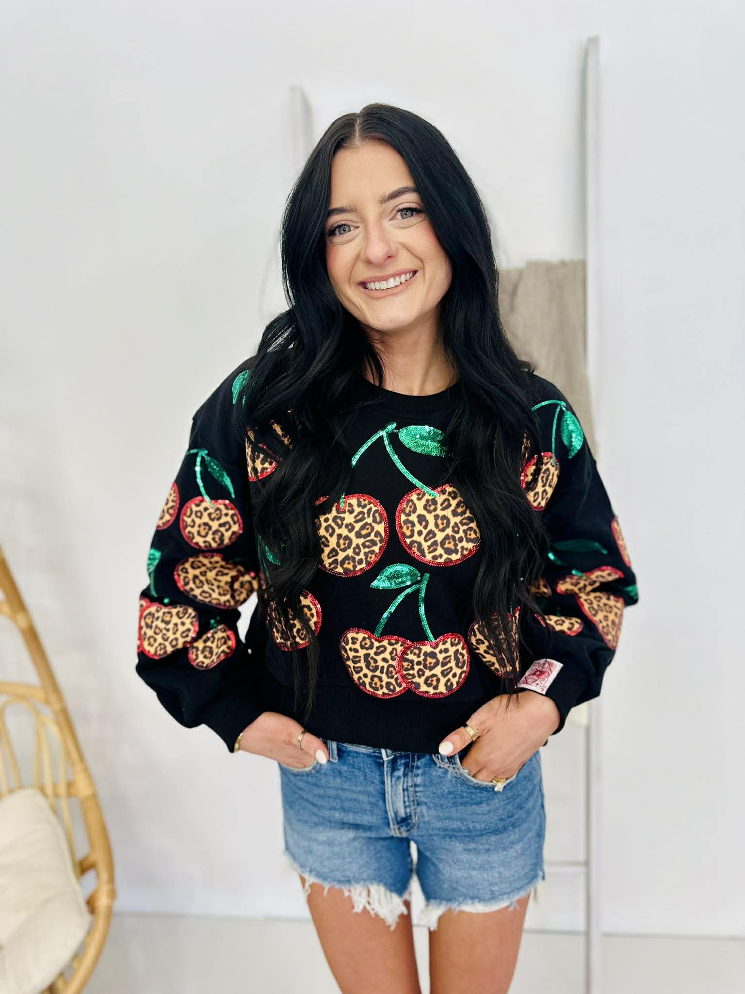 Queen Of Sparkles Black Leopard Cherry Sweatshirt