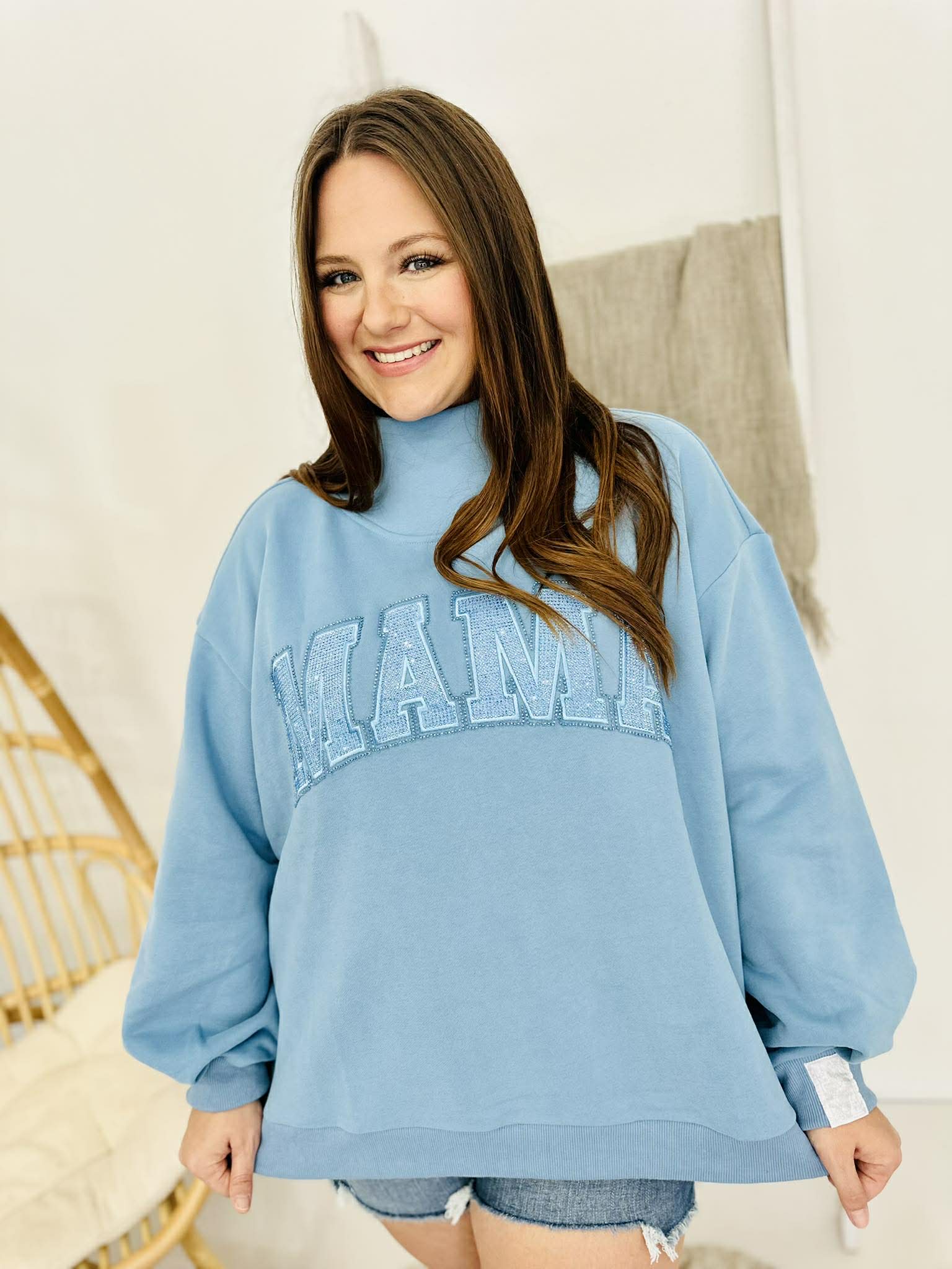Queen Of Sparkles Light Blue 'Mama' Mock Neck Sweatshirt