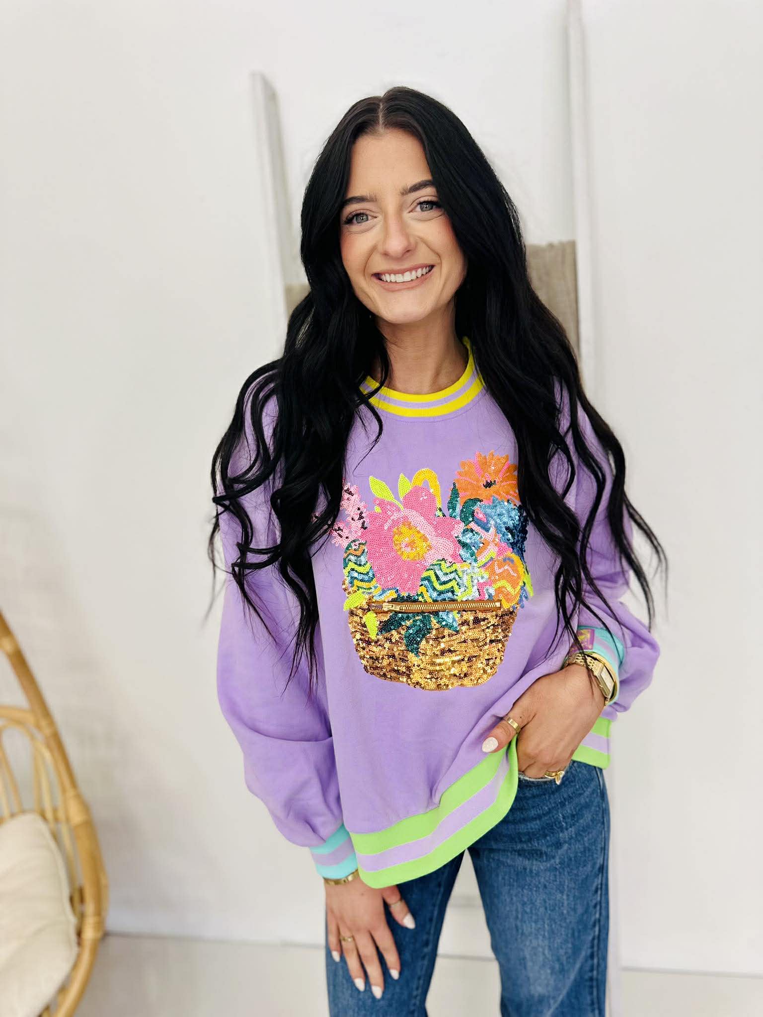 Queen Of Sparkles Lavender Easter Egg & Flower Basket Sweatshirt