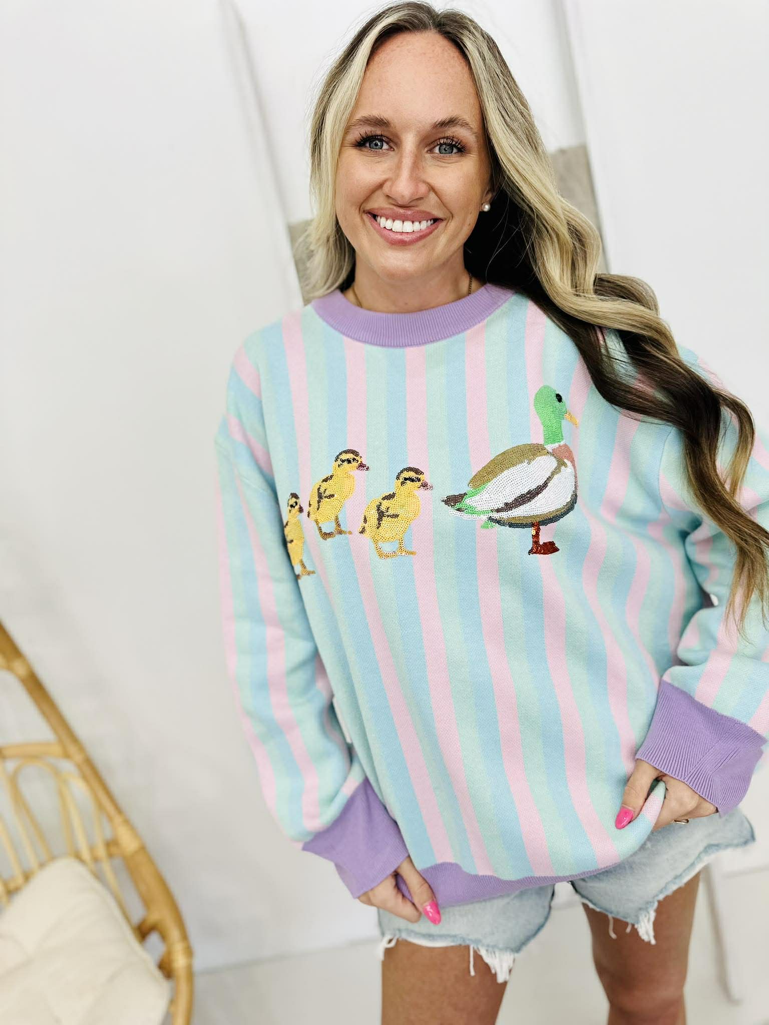 Queen Of Sparkles Pastel Striped Duck & Chicks Sweater