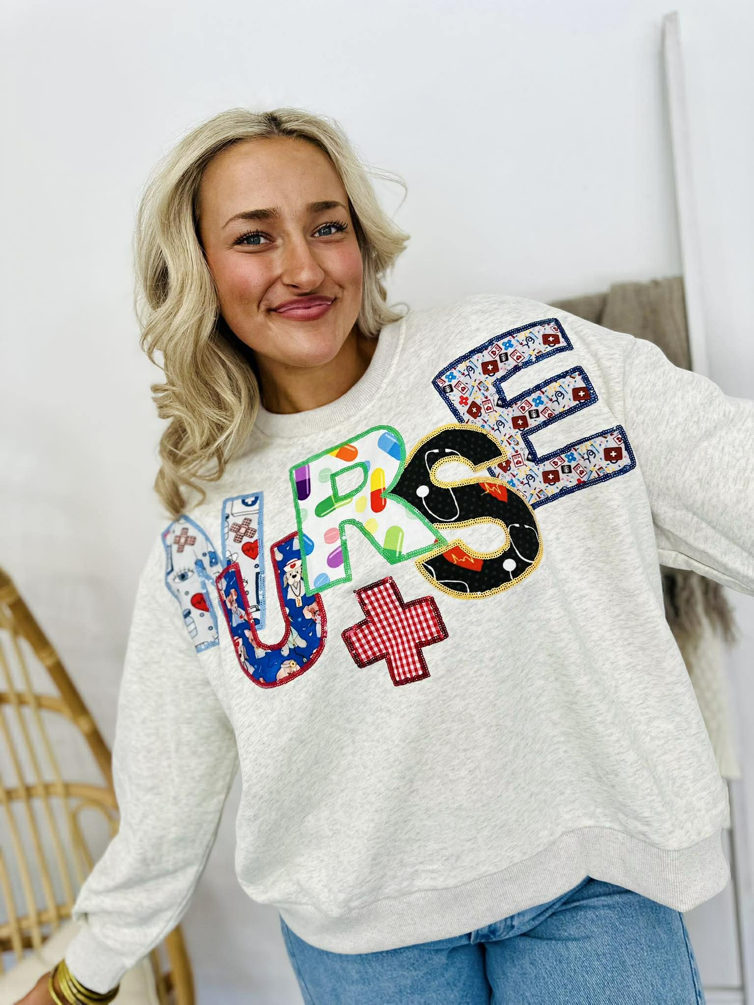 Queen Of Sparkles Grey 'Nurse' Multi Fabric Sweatshirt