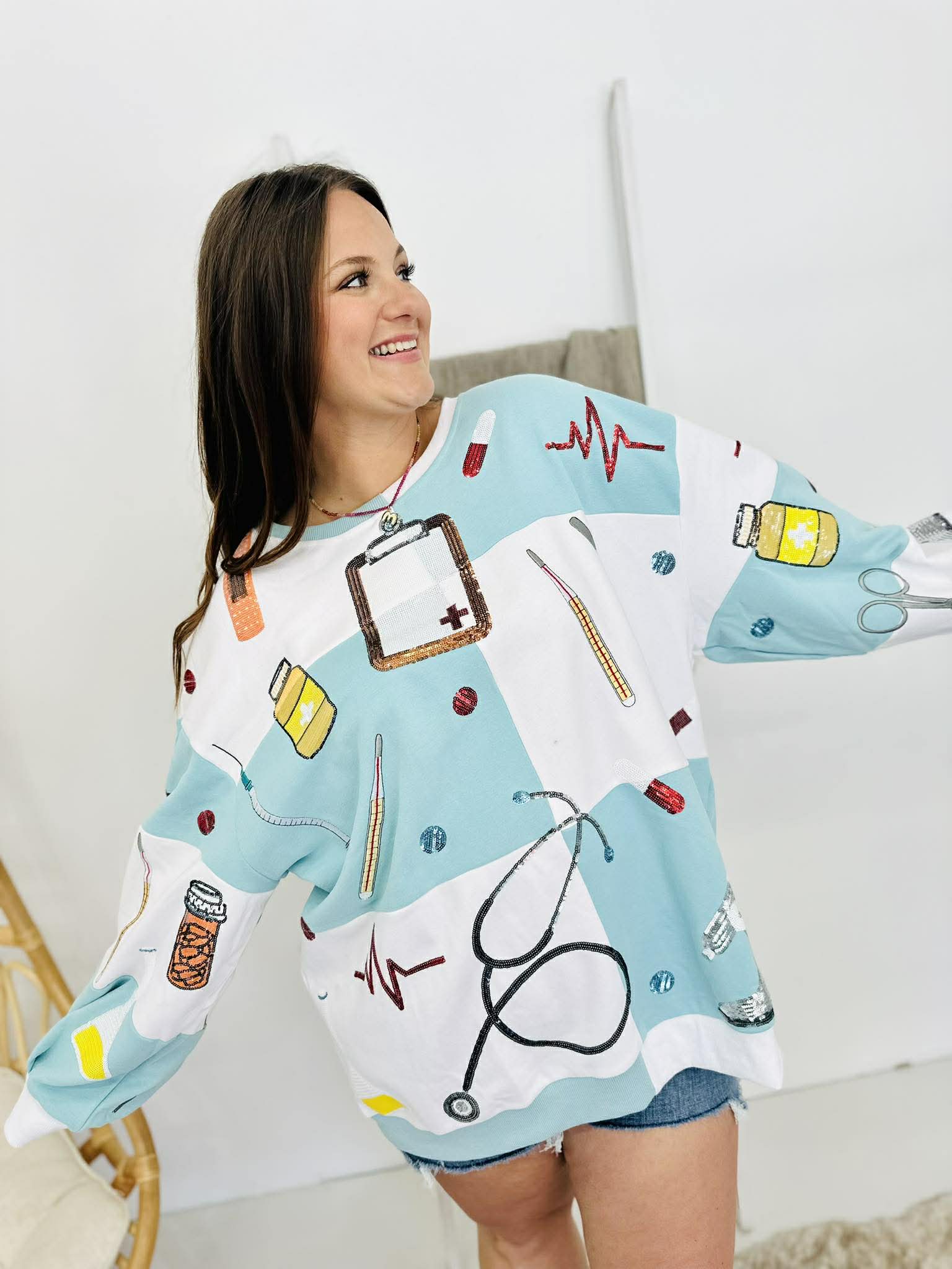 Queen Of Sparkles Light Blue & White Checkered Medical Instrument Icon Sweatshirt