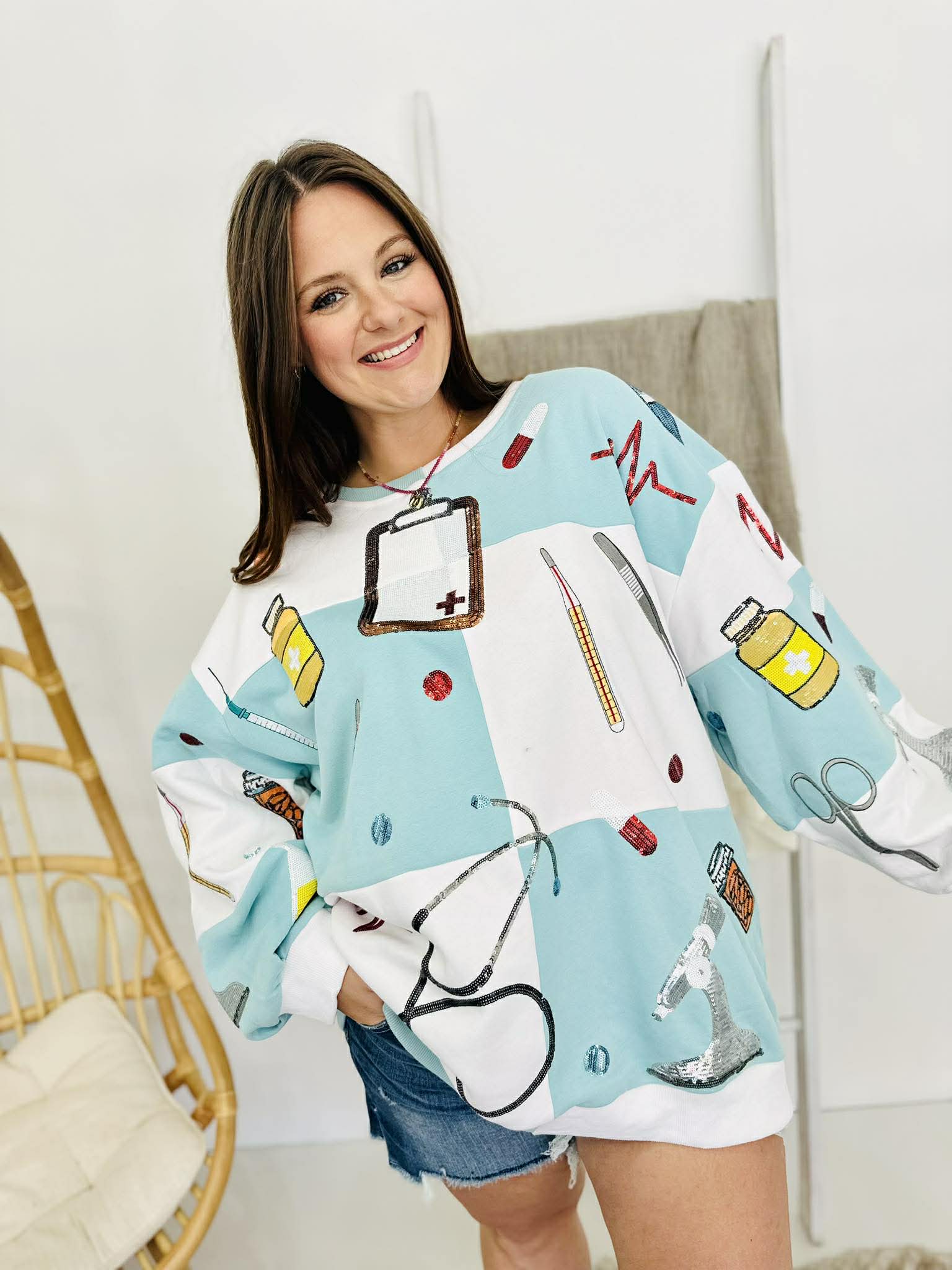 Queen Of Sparkles Light Blue & White Checkered Medical Instrument Icon Sweatshirt