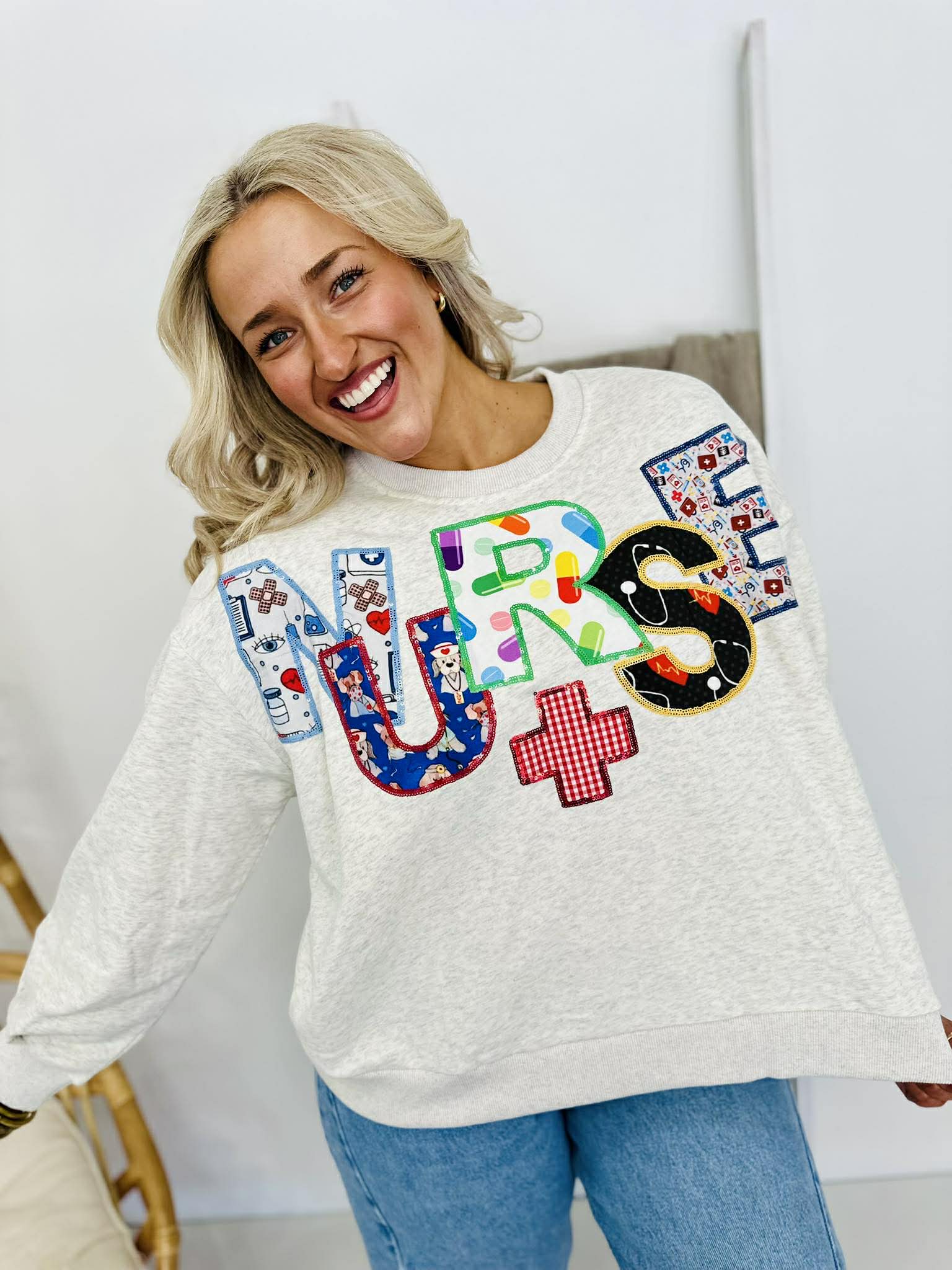 Queen Of Sparkles Grey 'Nurse' Multi Fabric Sweatshirt