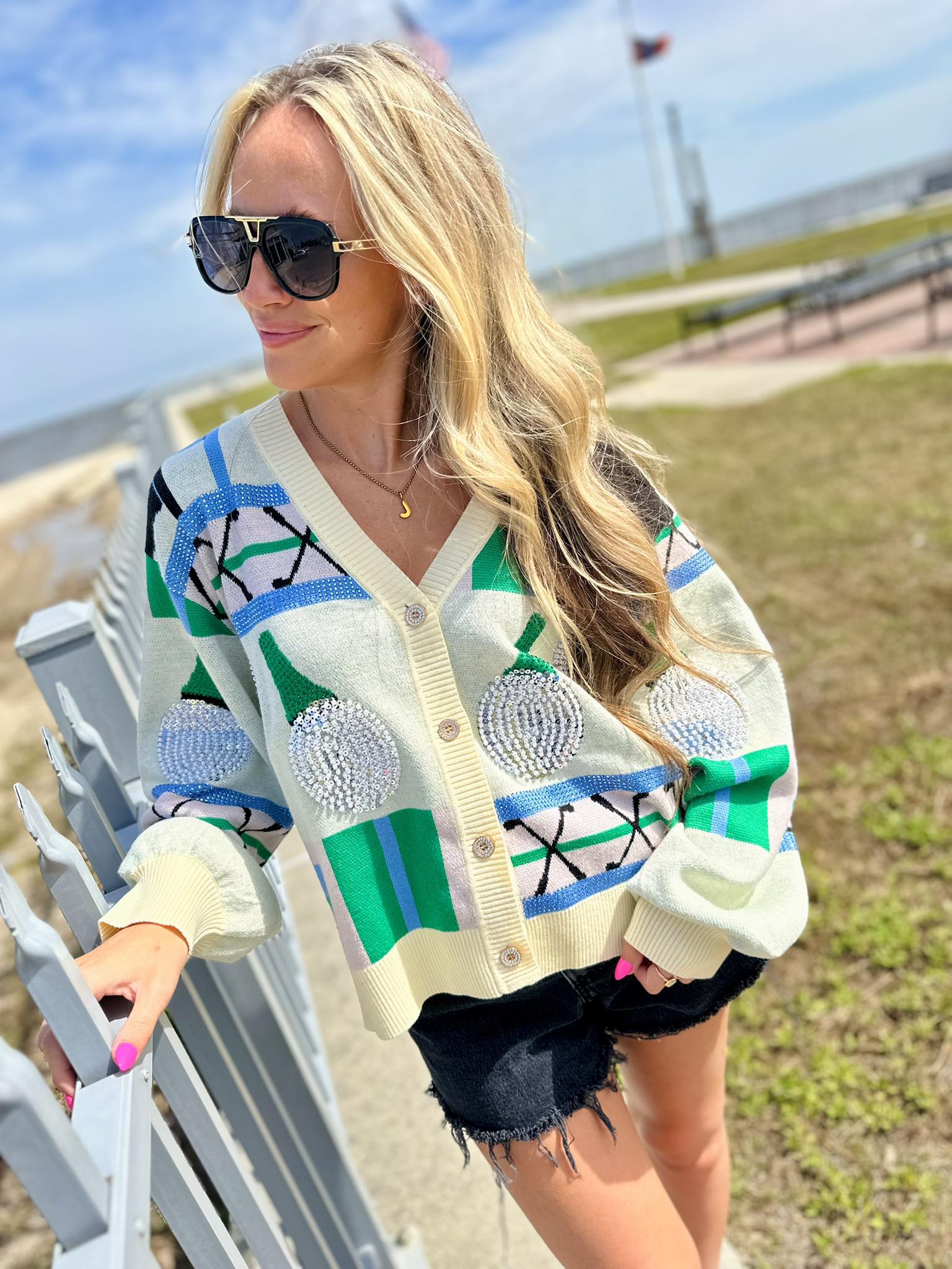Queen Of Sparkles Multi Golf Ball on Tee Icon Button Up Cardigan