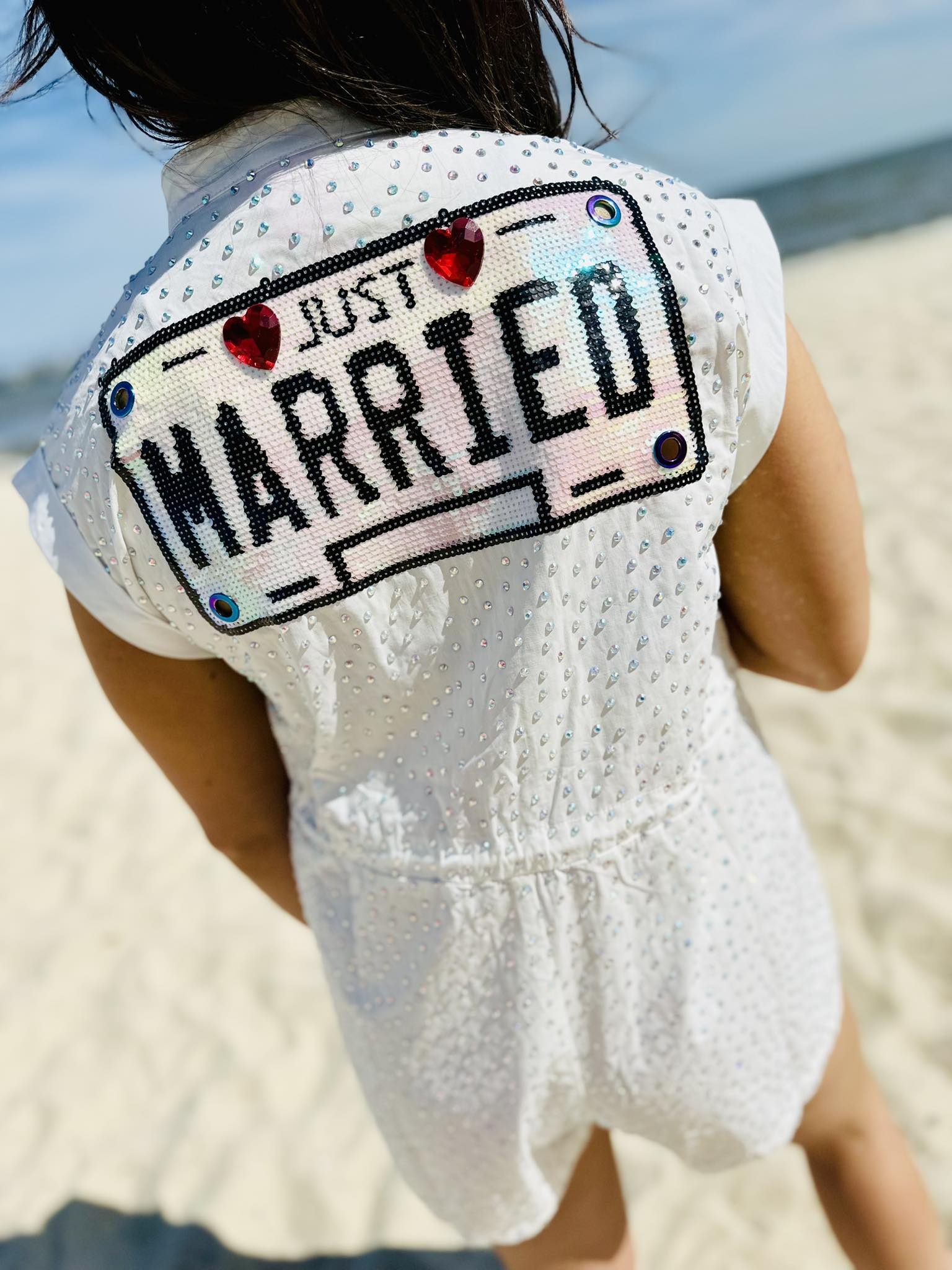 Queen Of Sparkles White Rhinestone 'Just Married' Romper