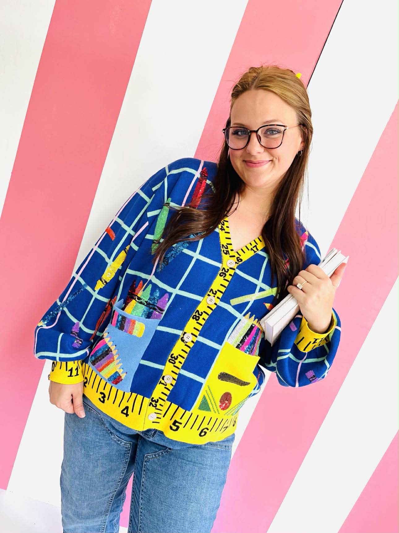 Queen Of Sparkles Multi School Supplies Ruler Trim Button Up Cardigan